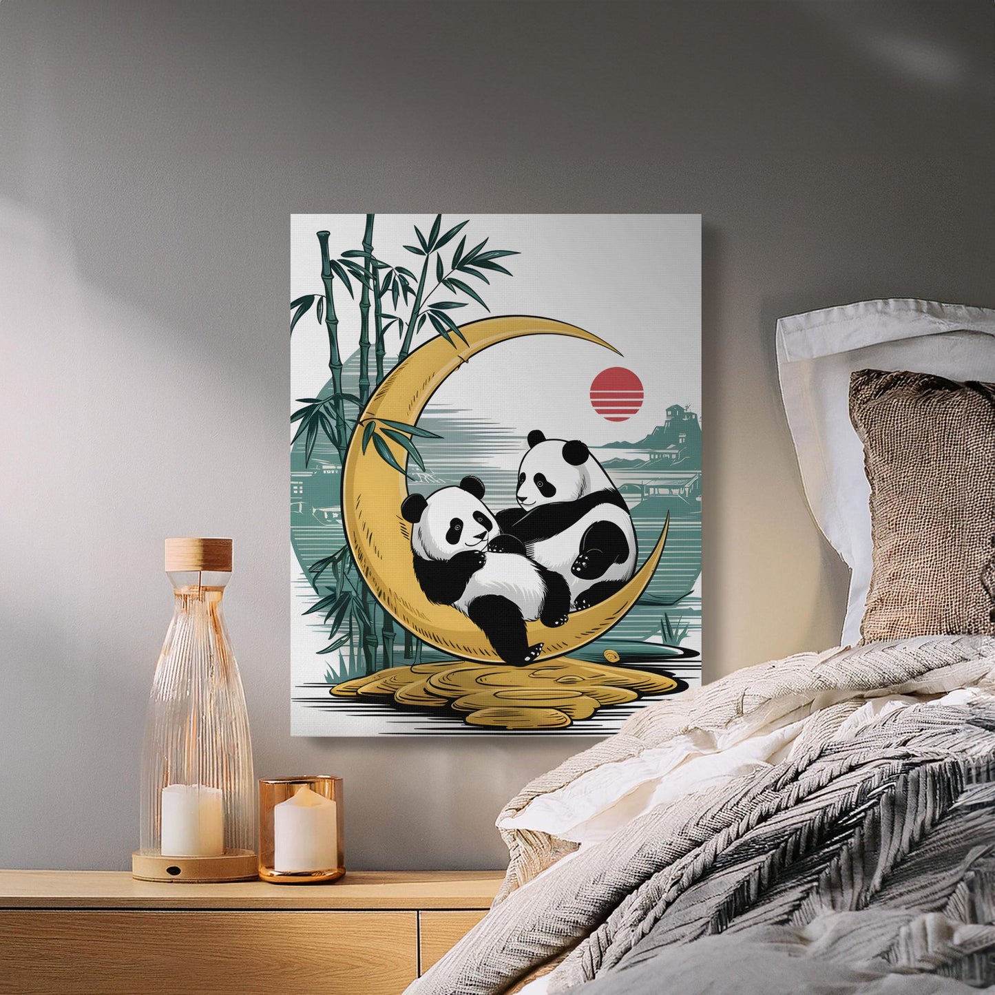 Cute Panda Wall Art Print Canvas, Japanese Style Home Décor