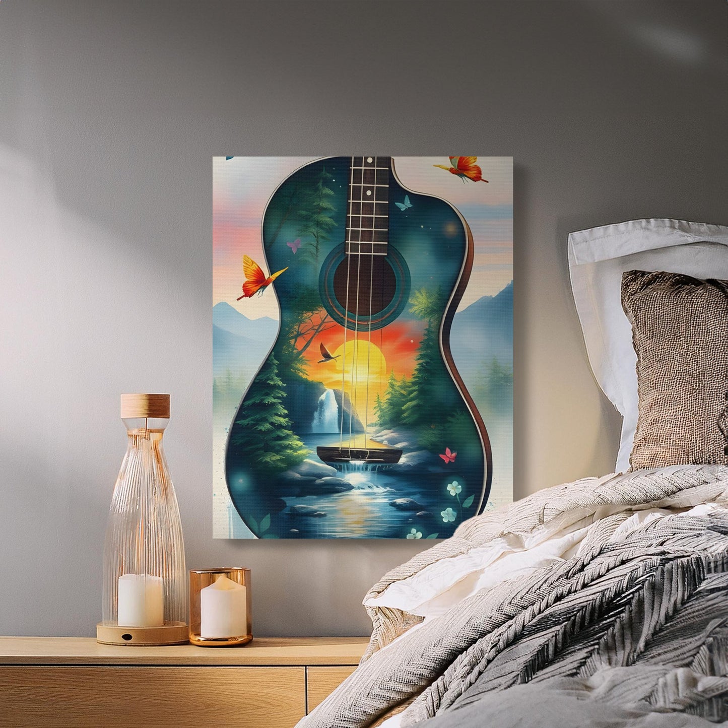 Sunset forest landscape guitar art, acoustic guitar wall art canvas