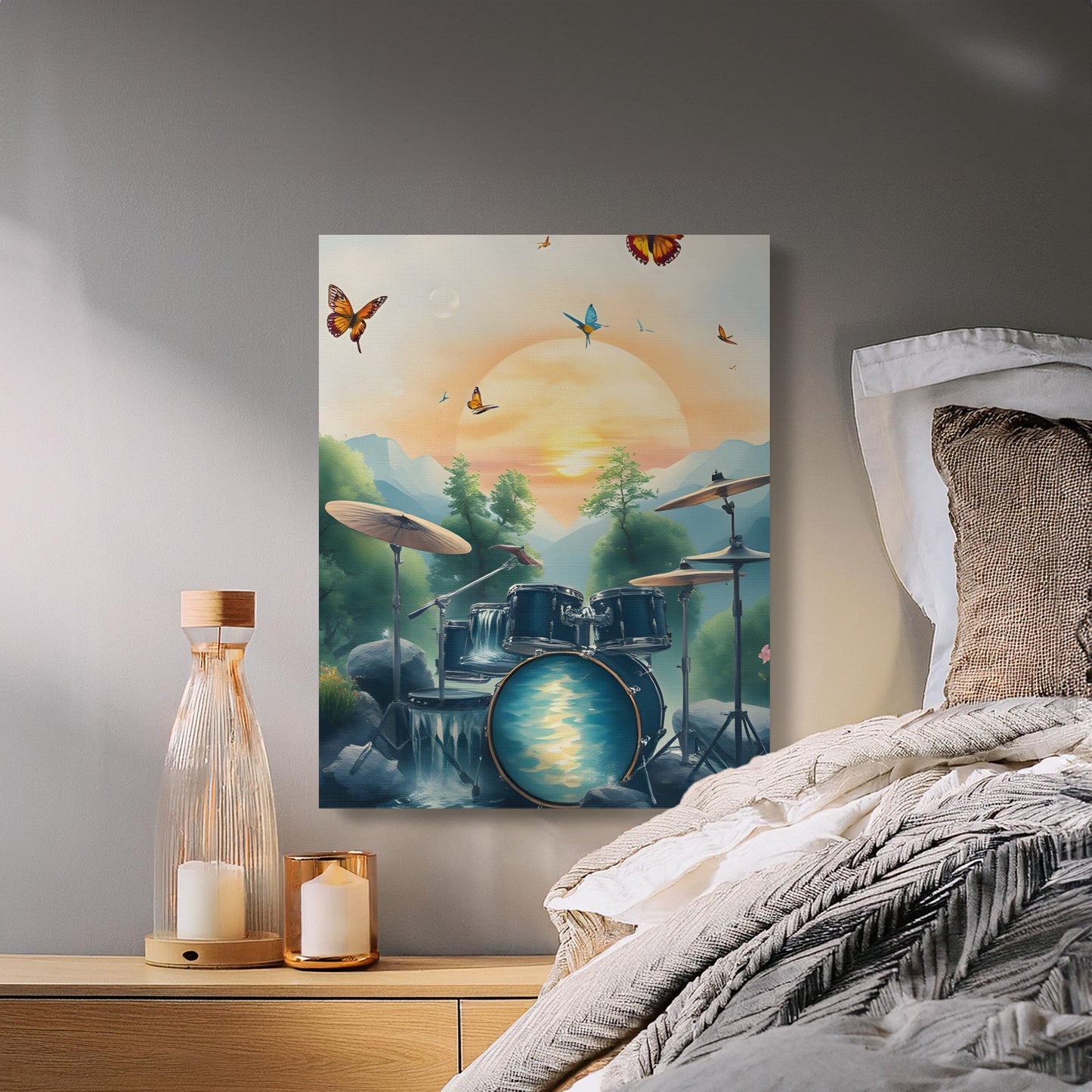 Drum Set Waterfall Painting, Butterfly Sunset Canvas, Nature Musical Art Print