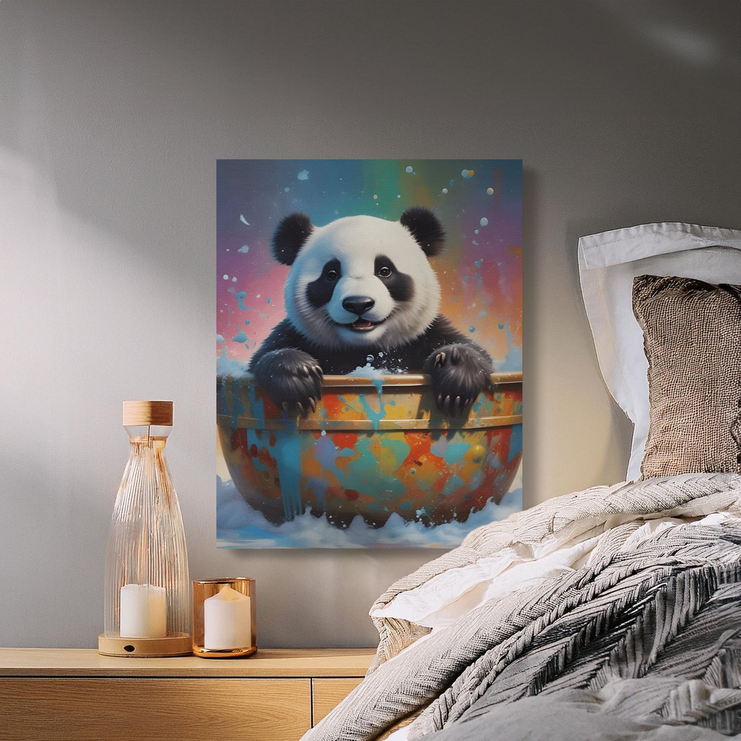 Panda in Bathtub Colourful Wall Art Canvas, Adorable Animal Décor