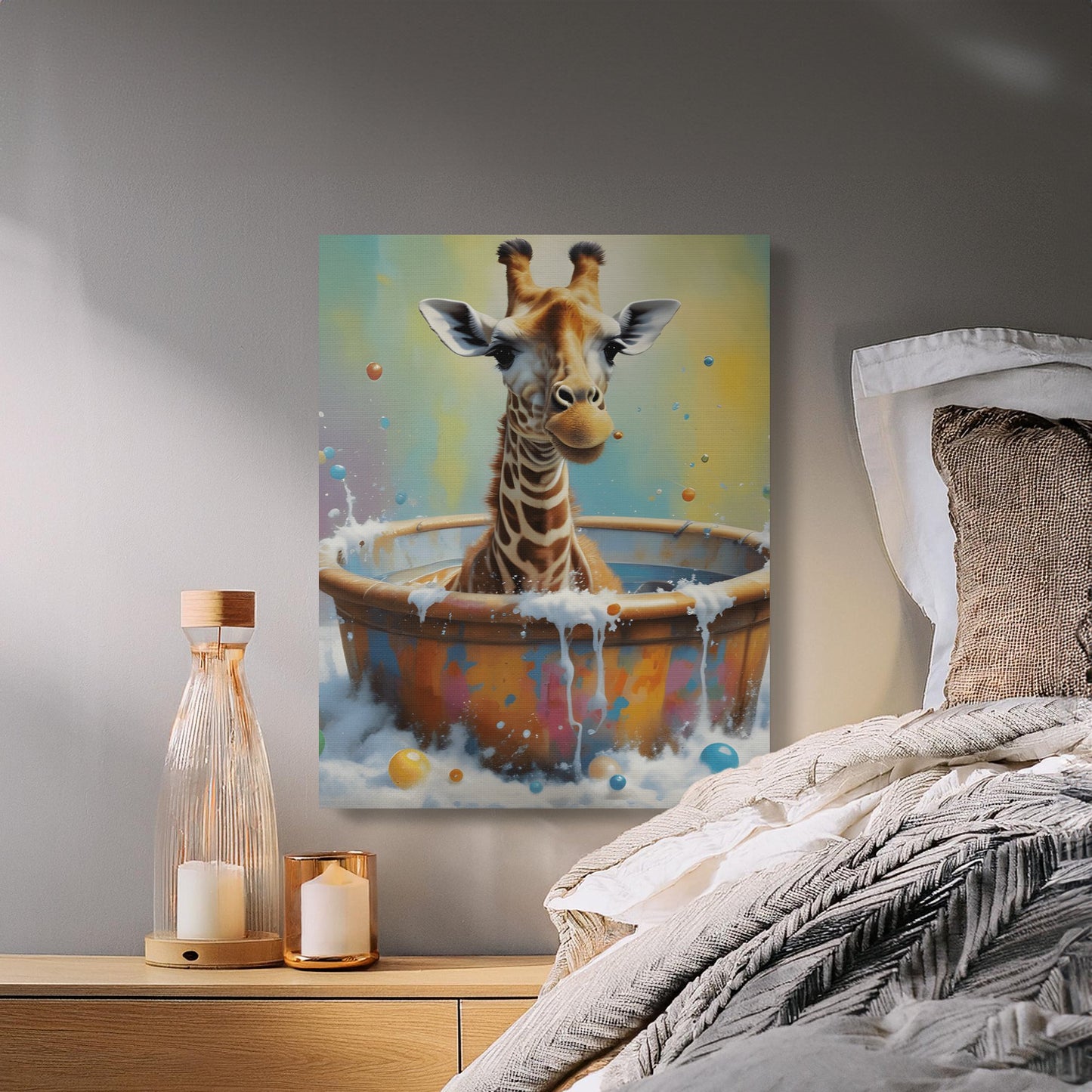 Whimsical Giraffe in Bathtub Wall Art Canvas, Bright and Fun Animal Print