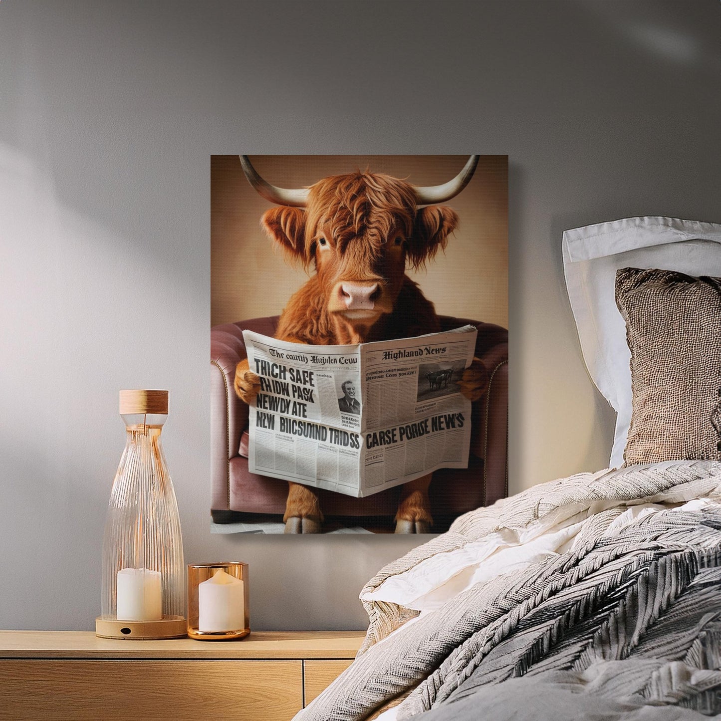 Highland Cow Reading Newspaper Wall Art Canvas, Quirky Animal Artwork