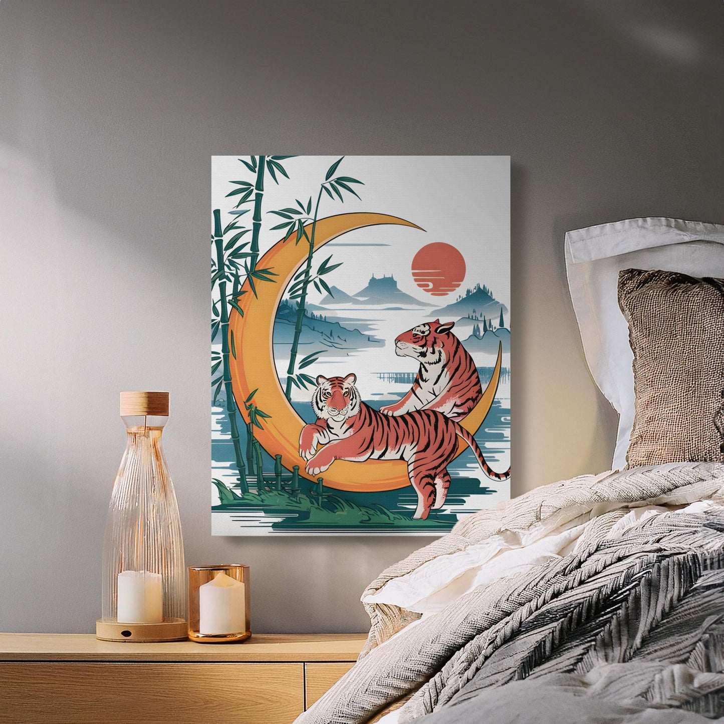 Tiger and Moon Wall Art Canvas, Bamboo Asian Landscape Print