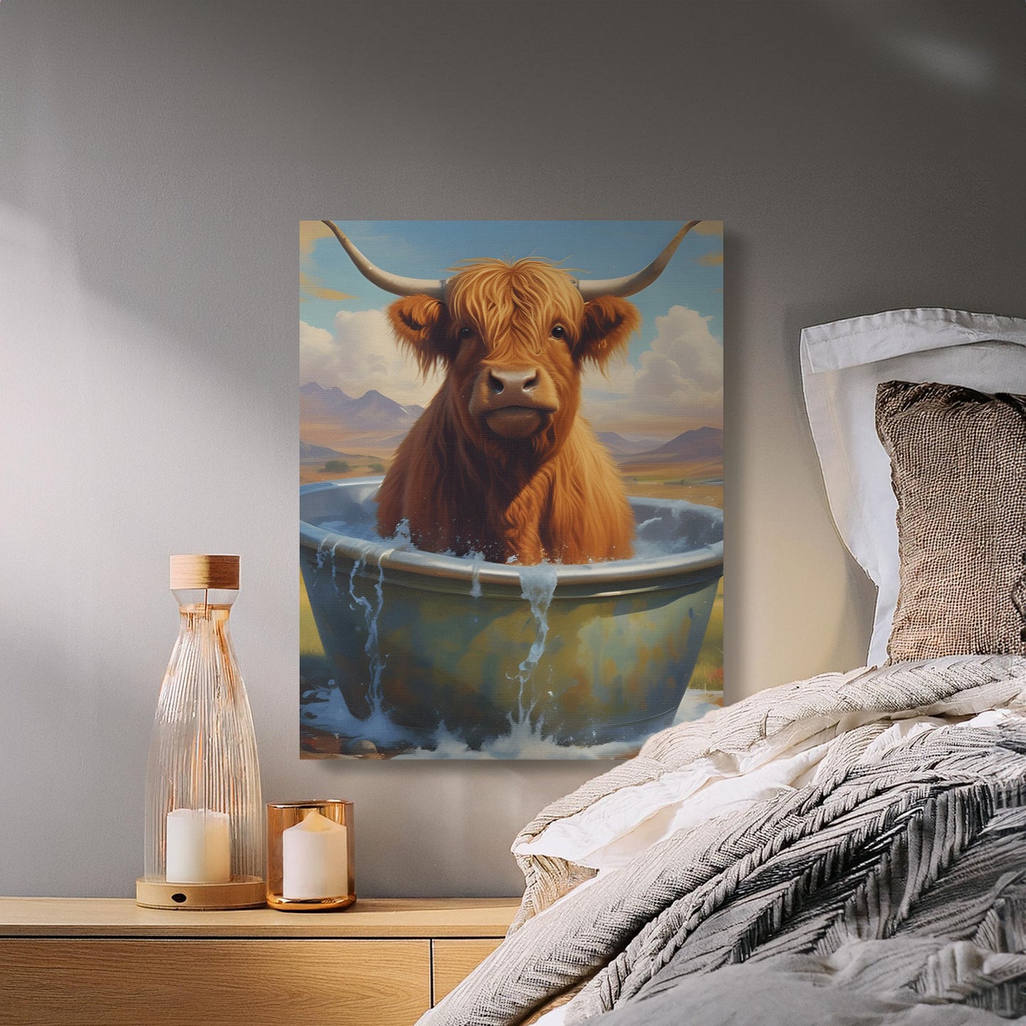 Highland Cow in Bathtub Wall Art Canvas, Cute Farm Animal Print