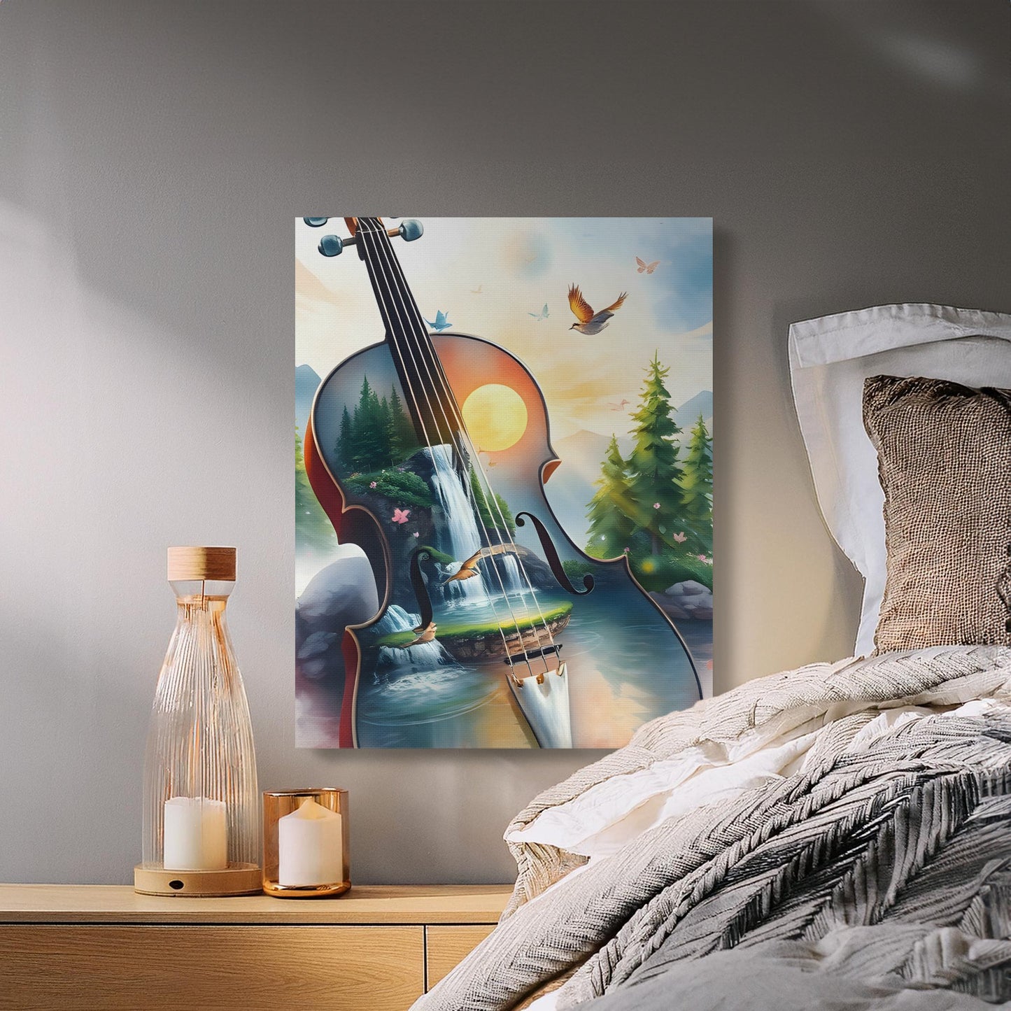 Violin Waterfall Canvas Art, Nature Musical Instrument Wall Decor