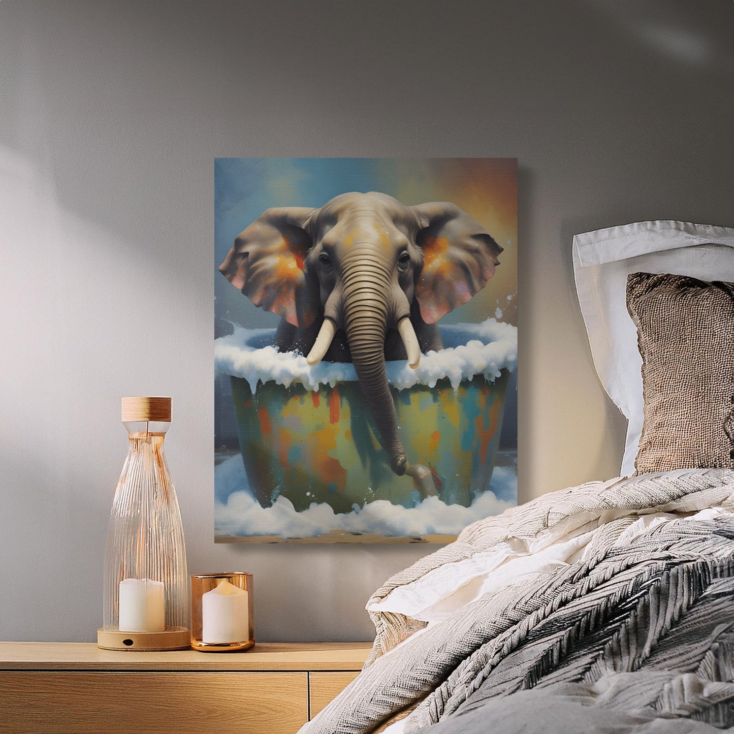 Elephant in Bathtub Wall Art, Colourful Animal Artwork Canvas