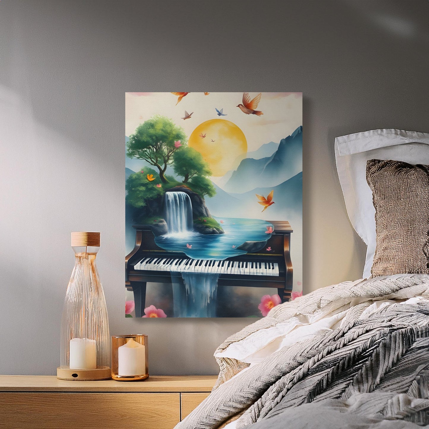 Surreal Piano Landscape Canvas Art with Waterfalls Birds and Flowers