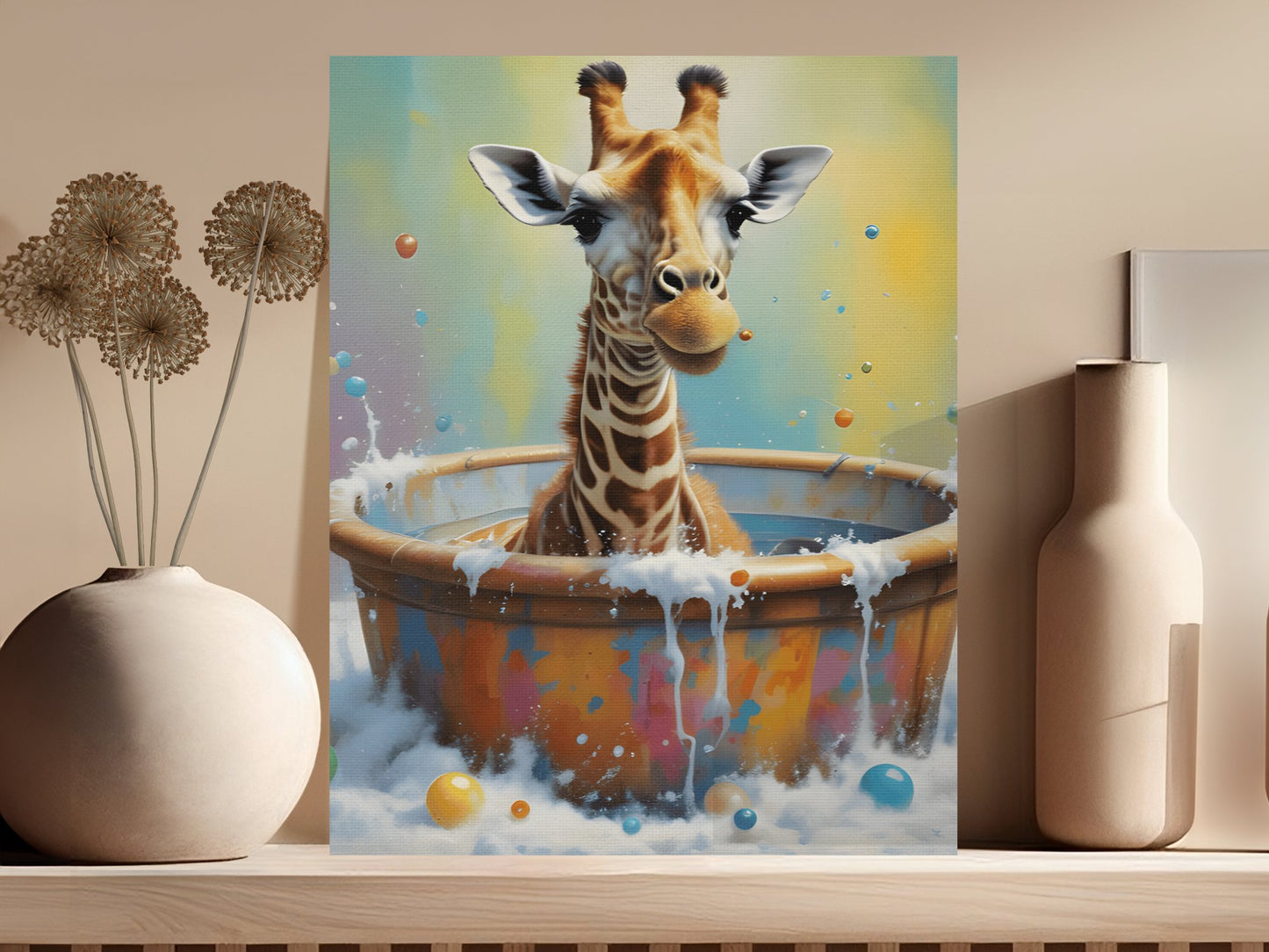 Whimsical Giraffe in Bathtub Wall Art Canvas, Bright and Fun Animal Print