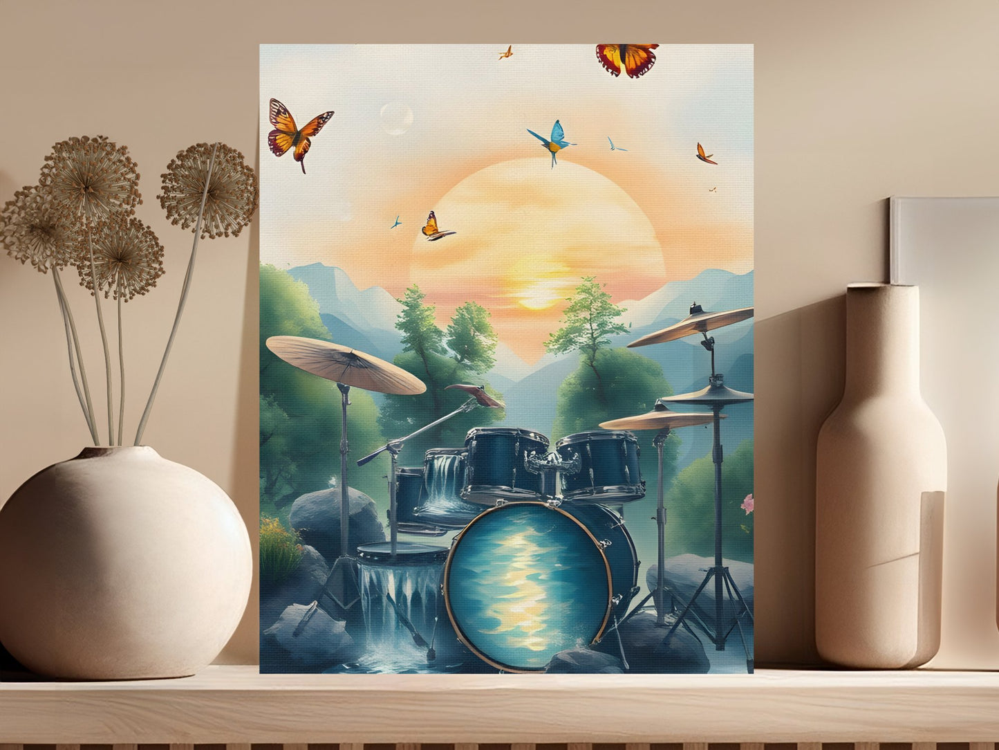 Drum Set Waterfall Painting, Butterfly Sunset Canvas, Nature Musical Art Print