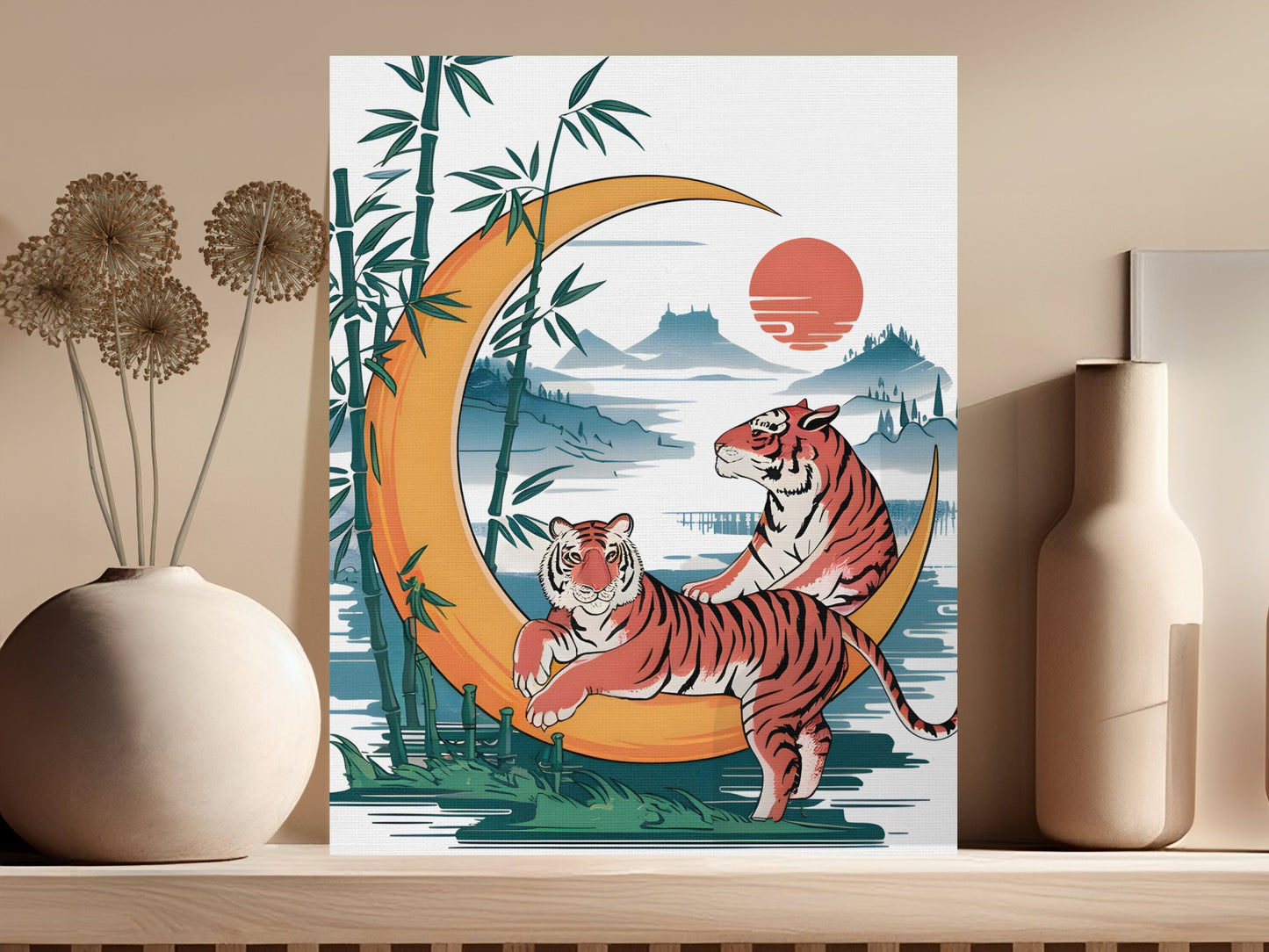 Tiger and Moon Wall Art Canvas, Bamboo Asian Landscape Print