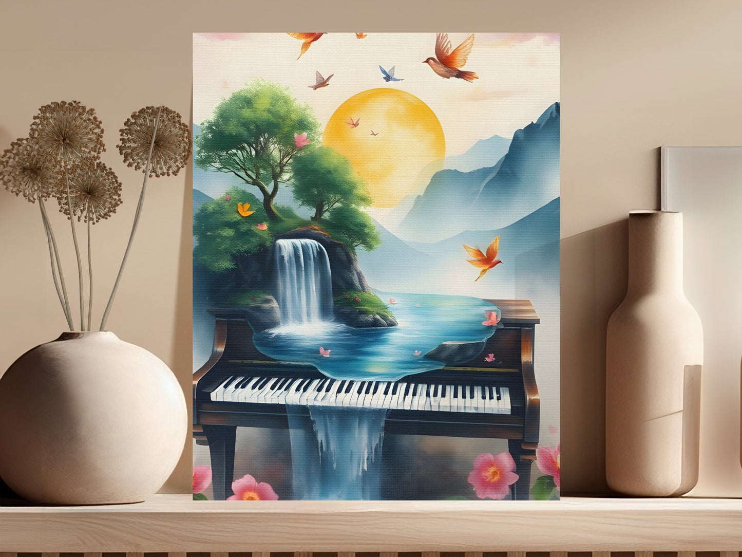 Surreal Piano Landscape Canvas Art with Waterfalls Birds and Flowers