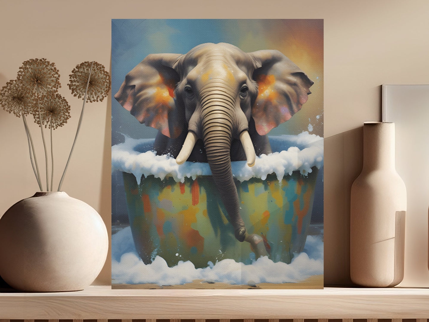 Elephant in Bathtub Wall Art, Colourful Animal Artwork Canvas