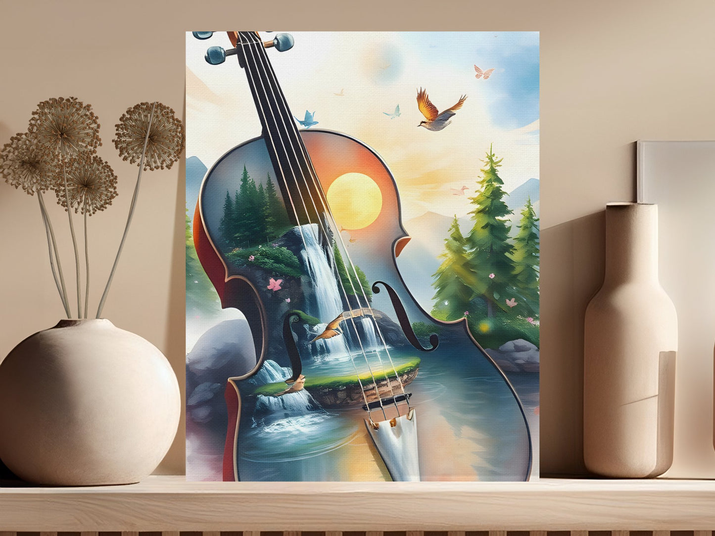 Violin Waterfall Canvas Art, Nature Musical Instrument Wall Decor