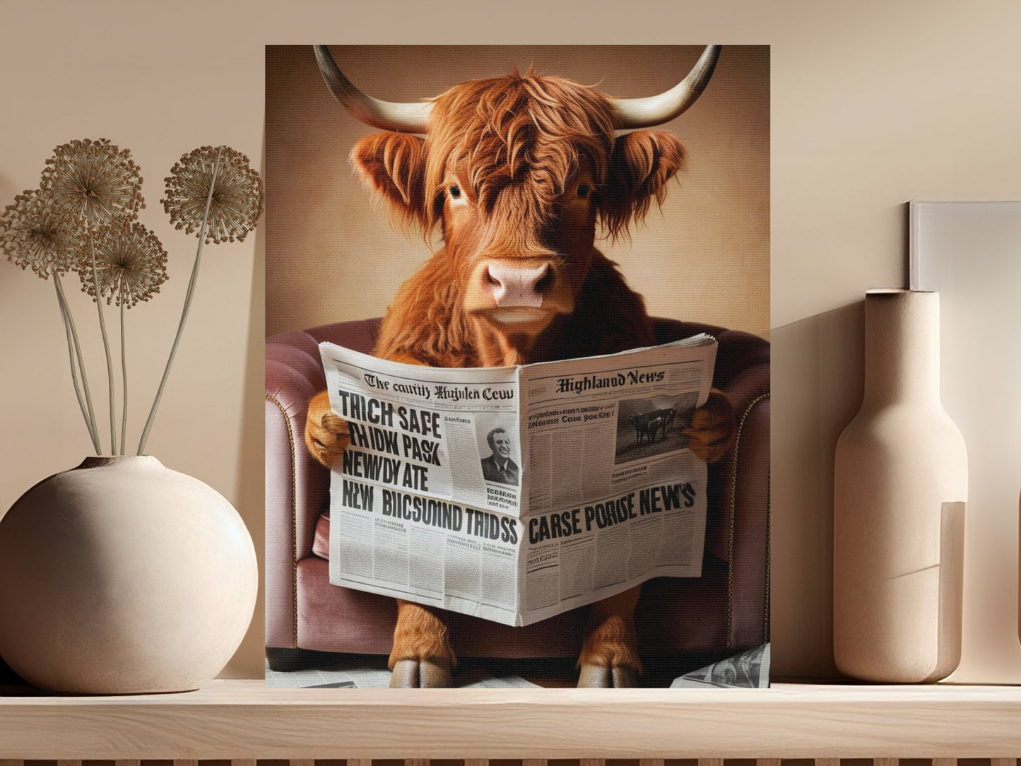 Highland Cow Reading Newspaper Wall Art Canvas, Quirky Animal Artwork