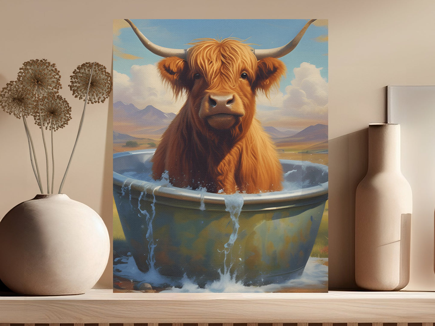 Highland Cow in Bathtub Wall Art Canvas, Cute Farm Animal Print