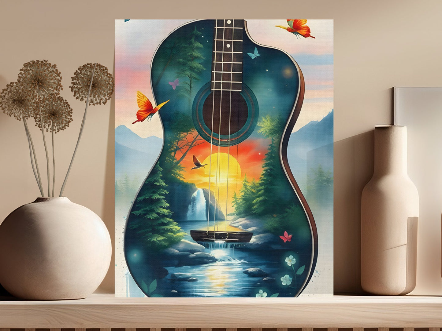 Sunset forest landscape guitar art, acoustic guitar wall art canvas