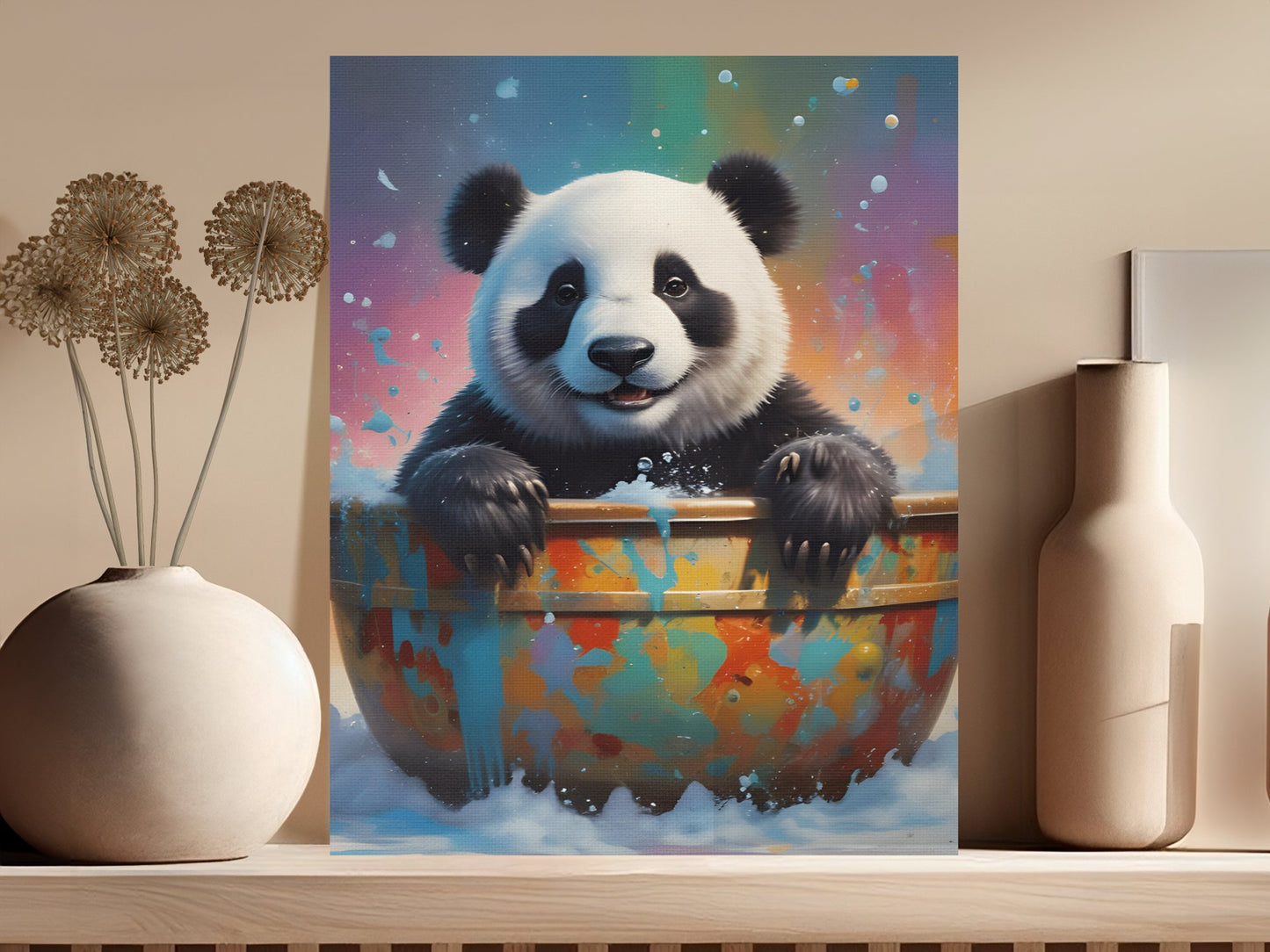 Panda in Bathtub Colourful Wall Art Canvas, Adorable Animal Décor