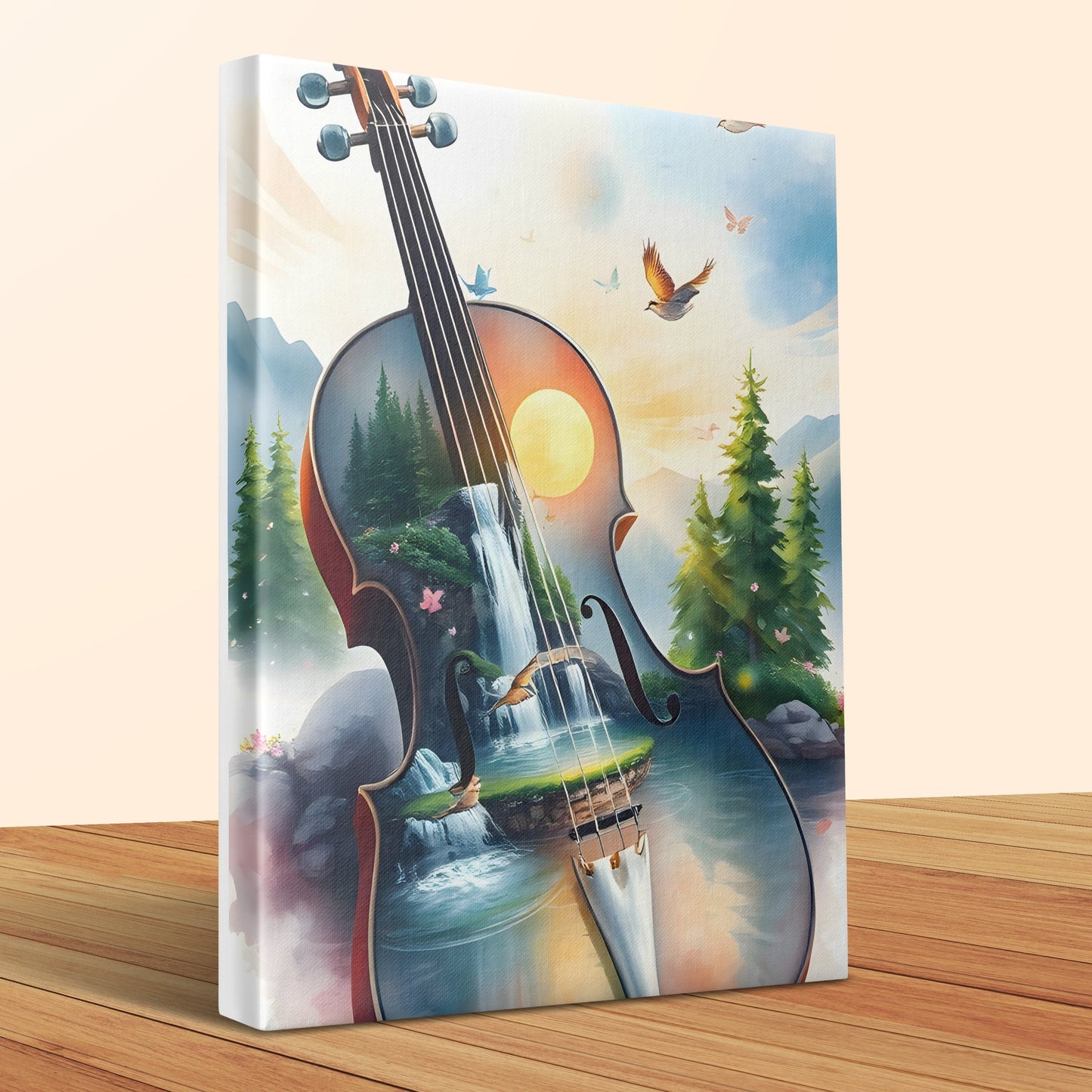 Violin Waterfall Canvas Art, Nature Musical Instrument Wall Decor