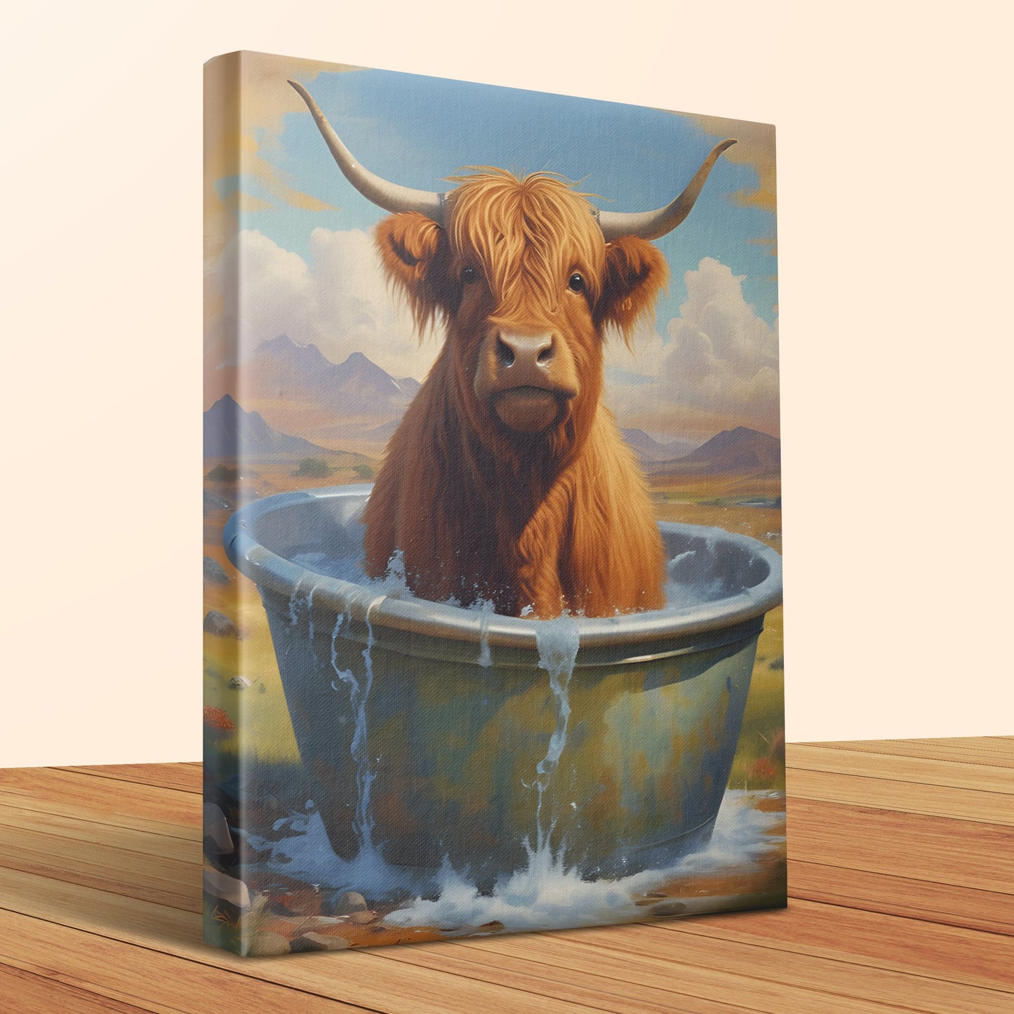 Highland Cow in Bathtub Wall Art Canvas, Cute Farm Animal Print