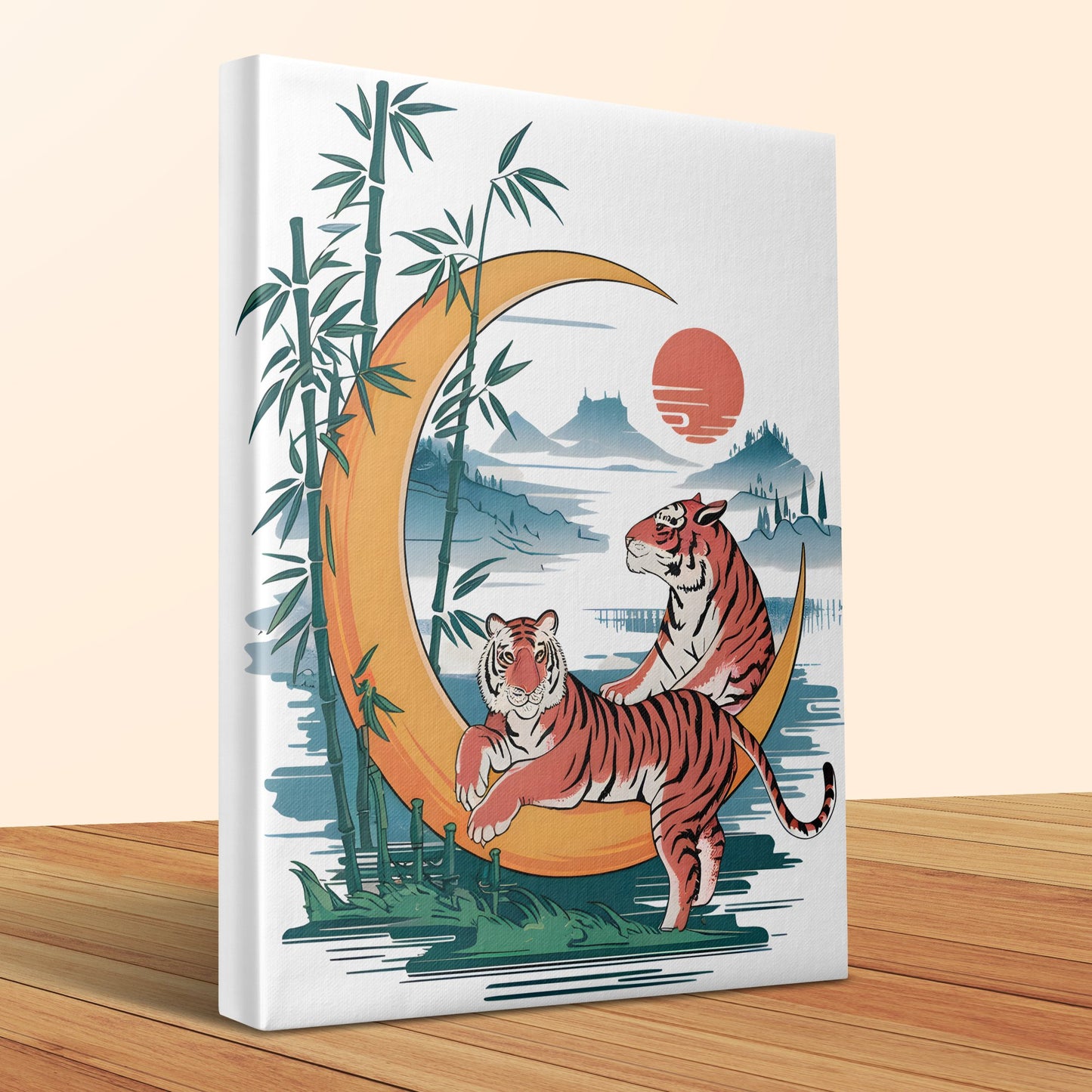 Tiger and Moon Wall Art Canvas, Bamboo Asian Landscape Print