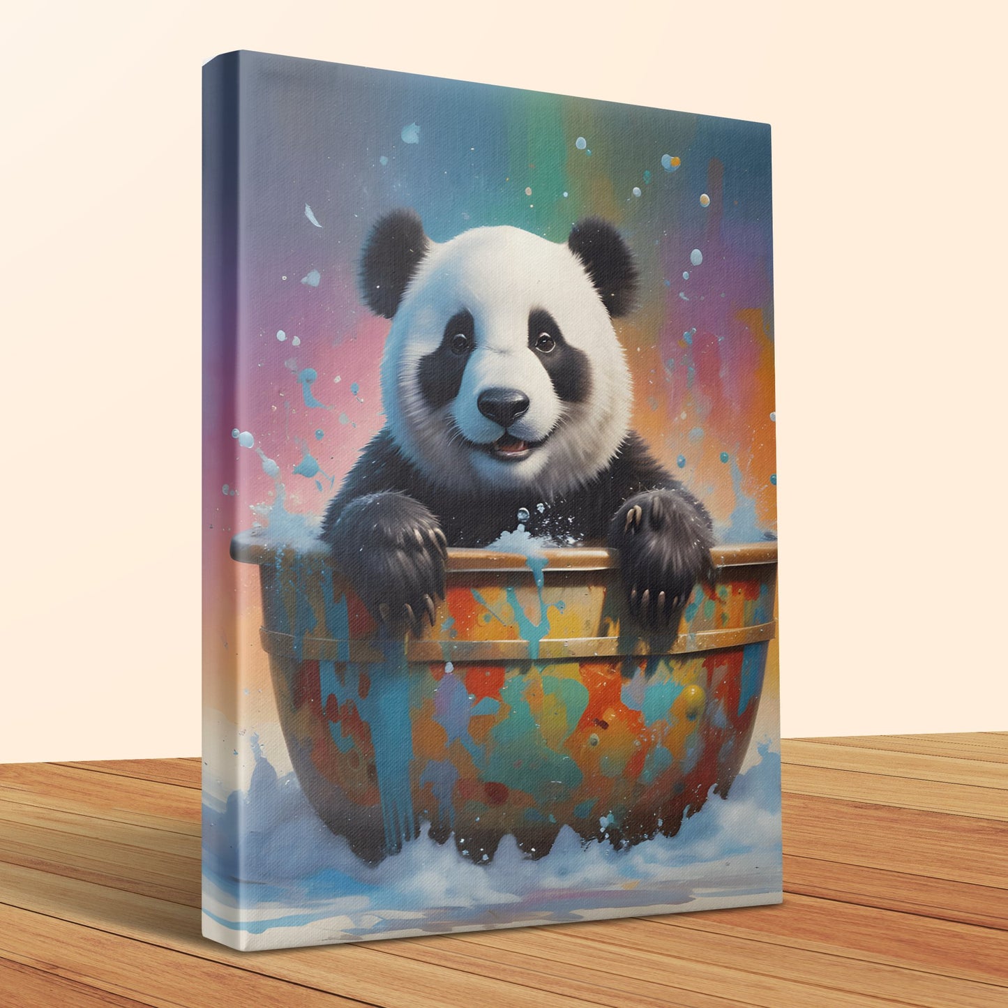 Panda in Bathtub Colourful Wall Art Canvas, Adorable Animal Décor