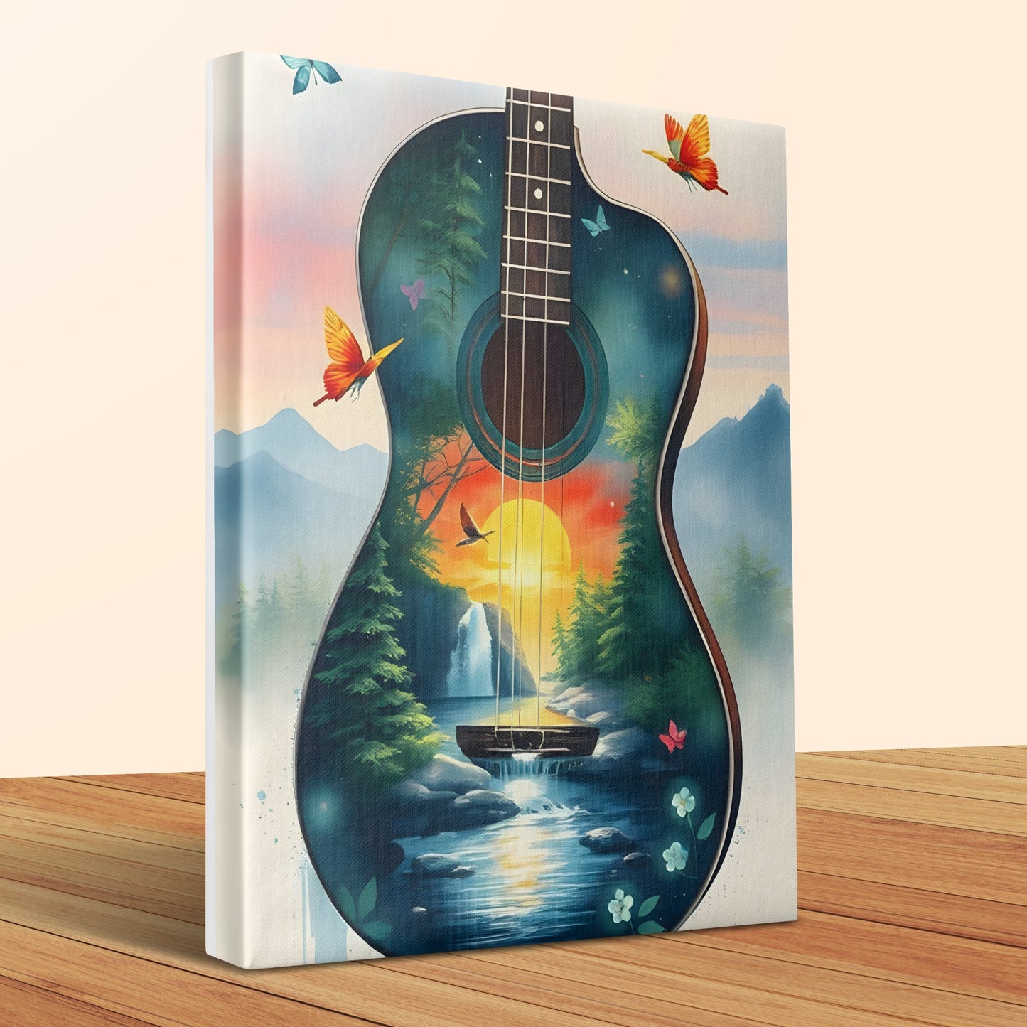 Sunset forest landscape guitar art, acoustic guitar wall art canvas