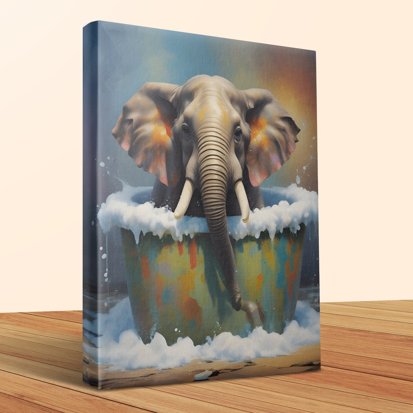 Elephant in Bathtub Wall Art, Colourful Animal Artwork Canvas