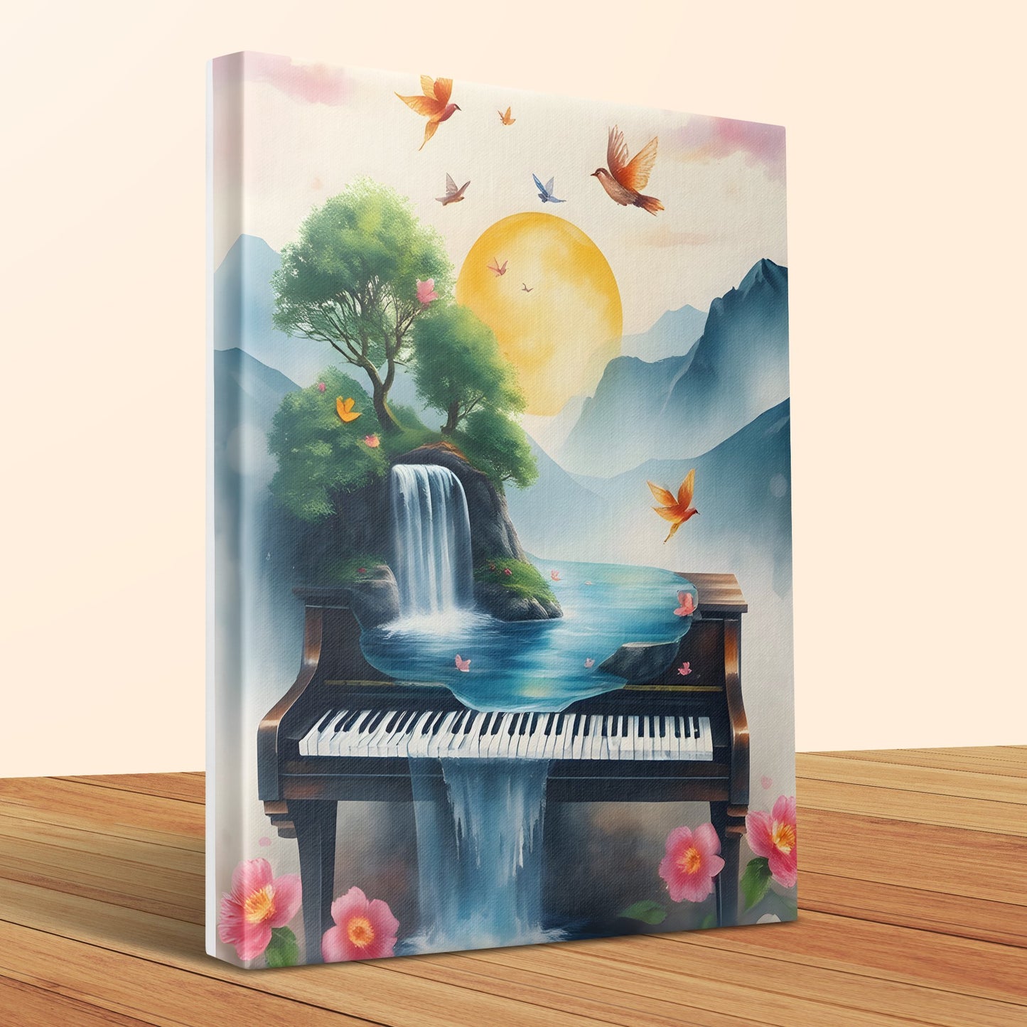 Surreal Piano Landscape Canvas Art with Waterfalls Birds and Flowers