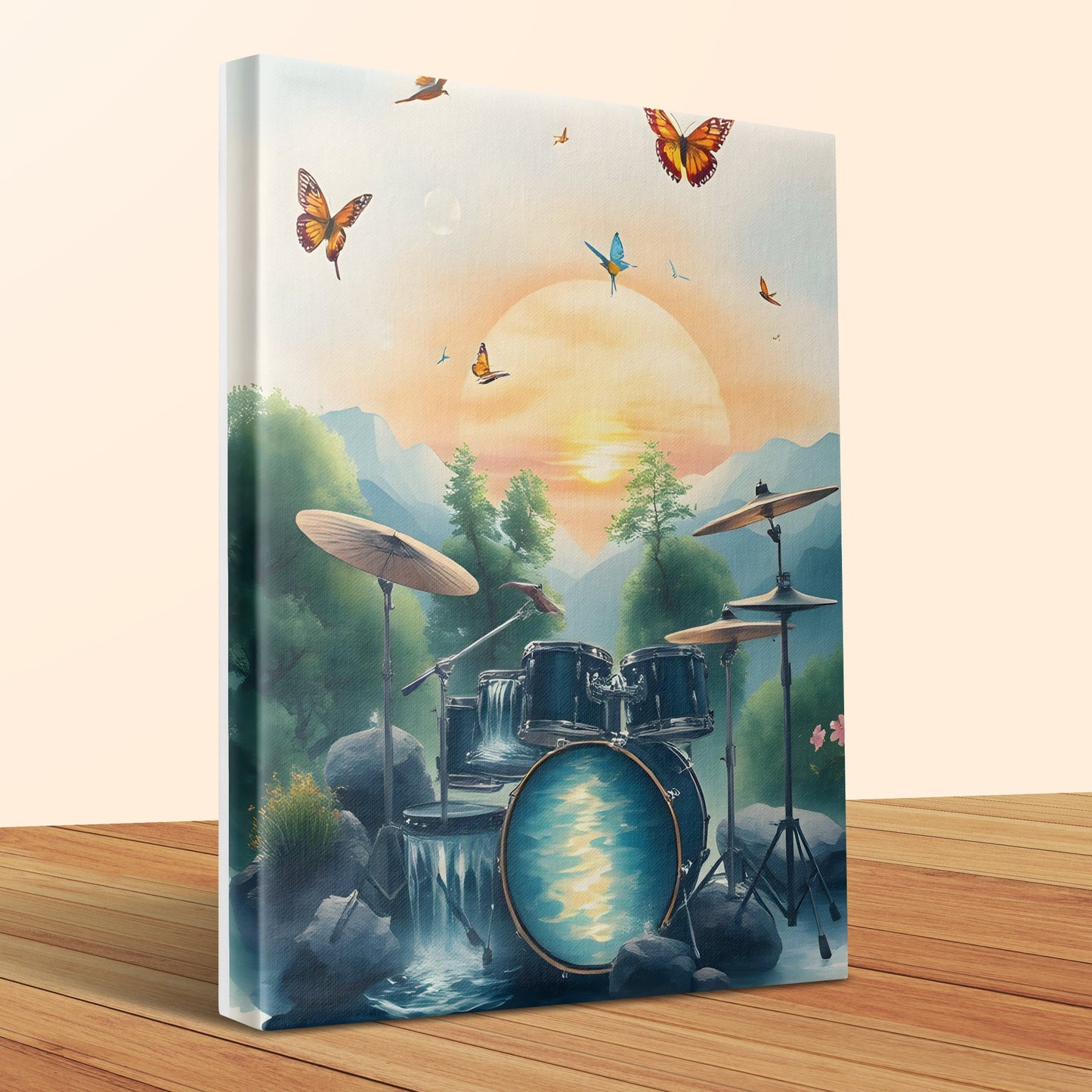 Drum Set Waterfall Painting, Butterfly Sunset Canvas, Nature Musical Art Print