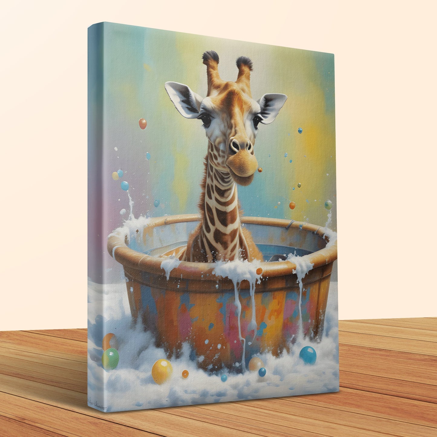 Whimsical Giraffe in Bathtub Wall Art Canvas, Bright and Fun Animal Print