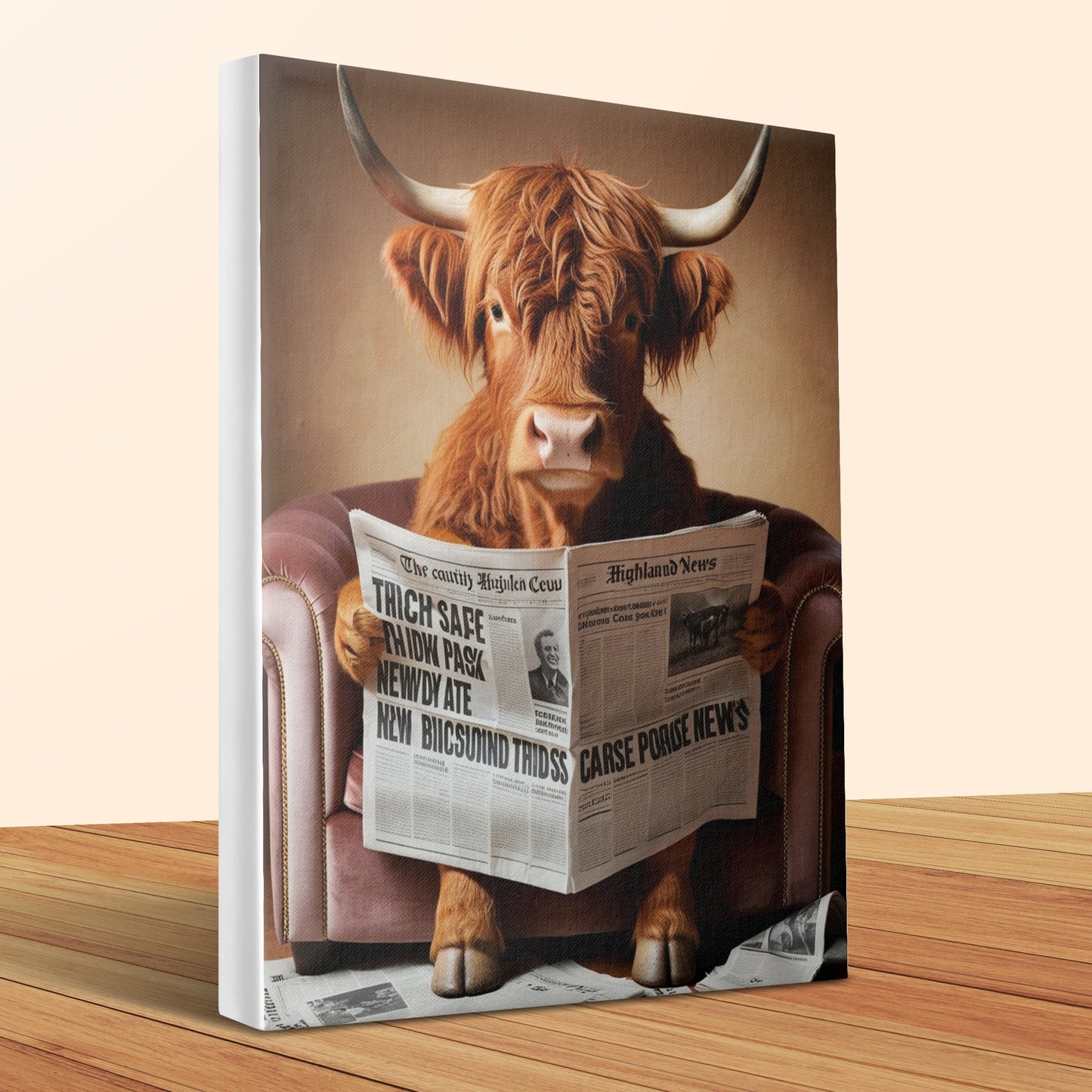 Highland Cow Reading Newspaper Wall Art Canvas, Quirky Animal Artwork