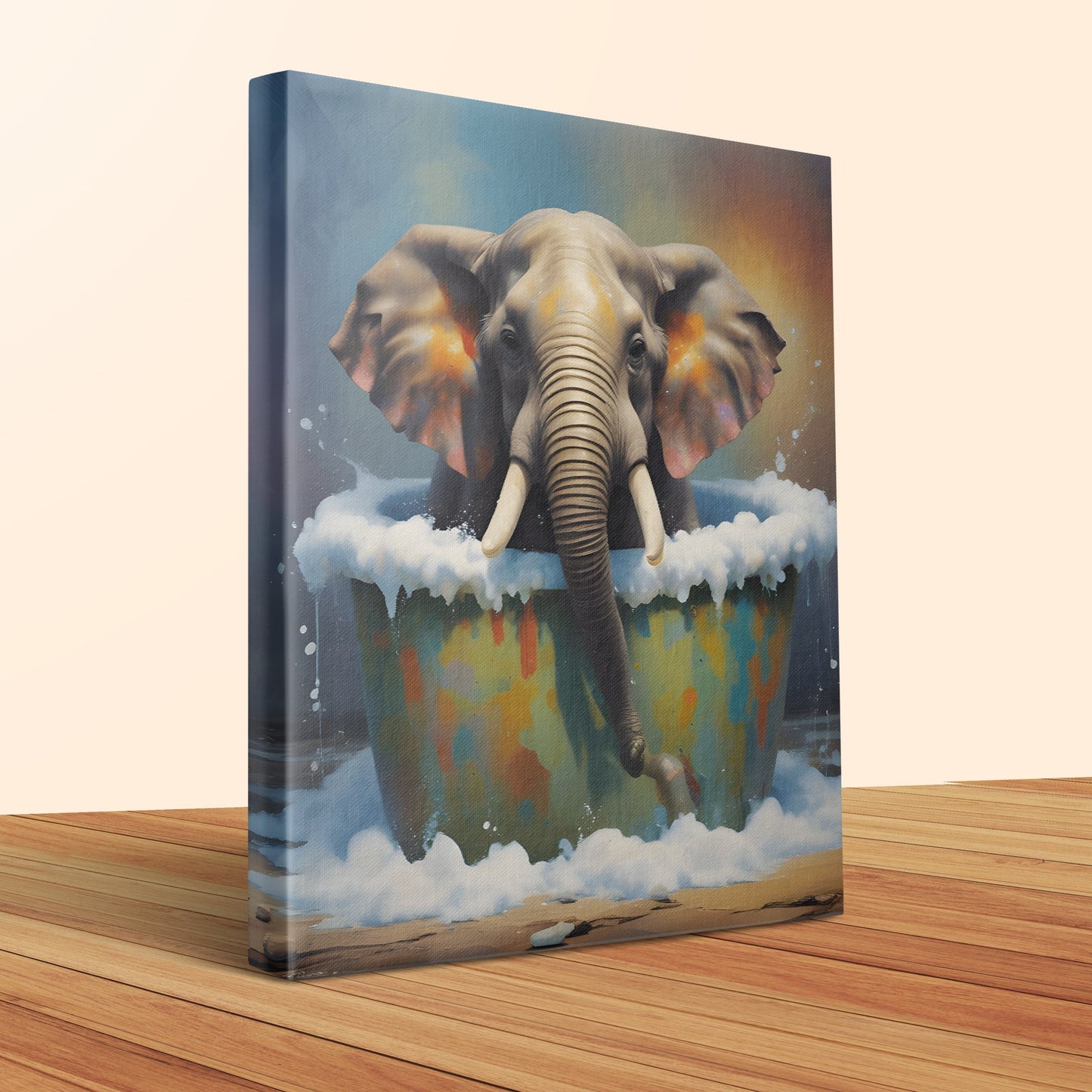 Elephant in Bathtub Wall Art, Colourful Animal Artwork Canvas