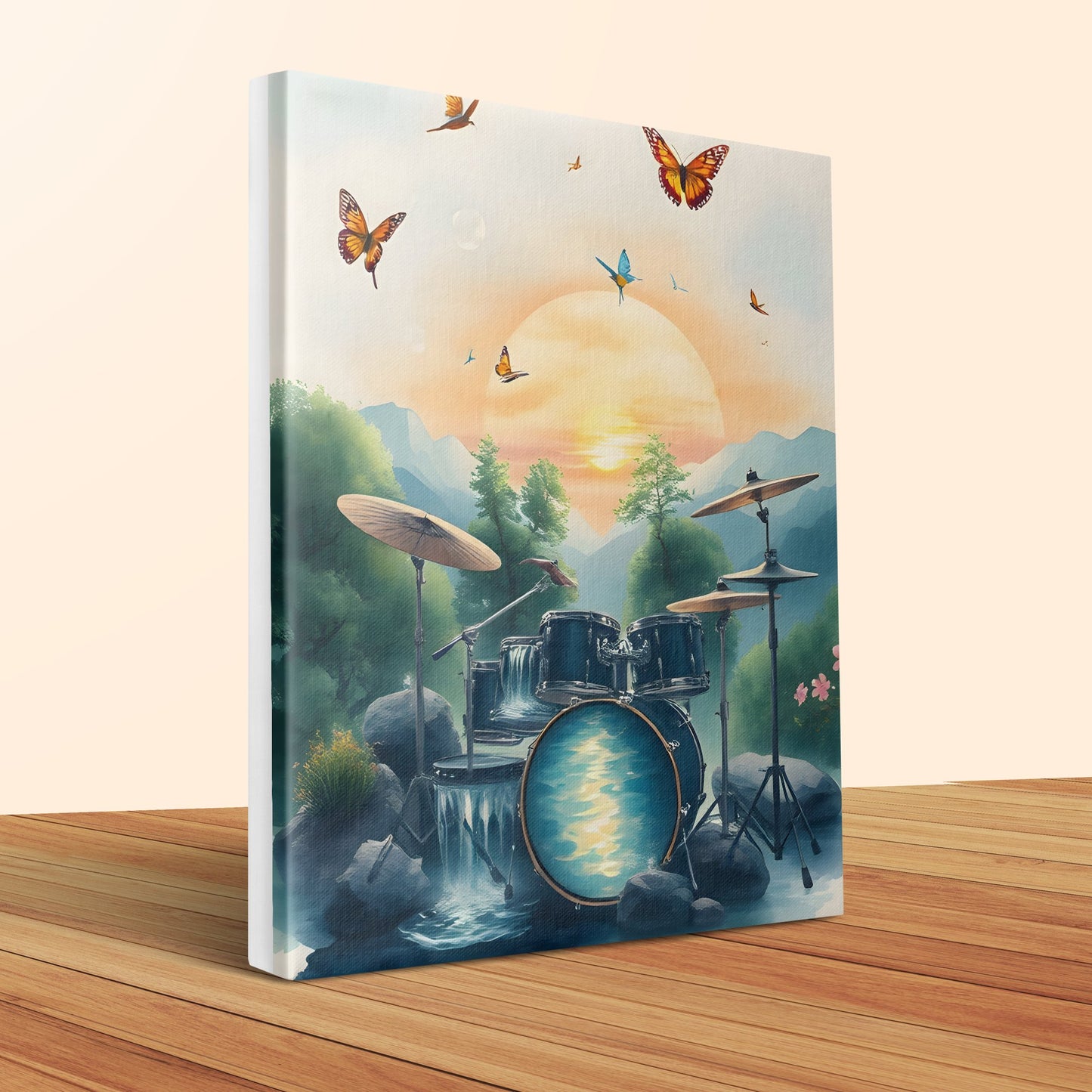 Drum Set Waterfall Painting, Butterfly Sunset Canvas, Nature Musical Art Print