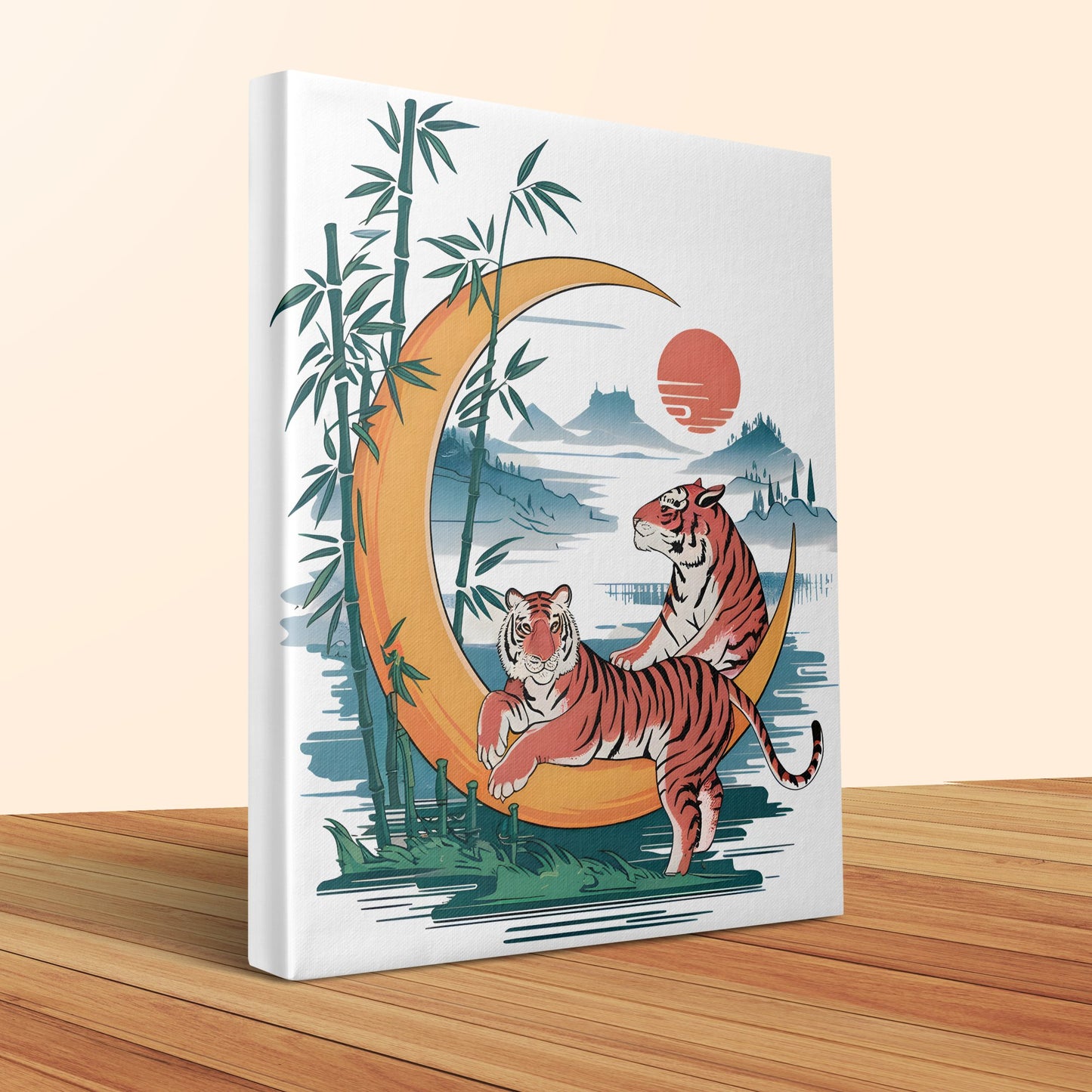 Tiger and Moon Wall Art Canvas, Bamboo Asian Landscape Print