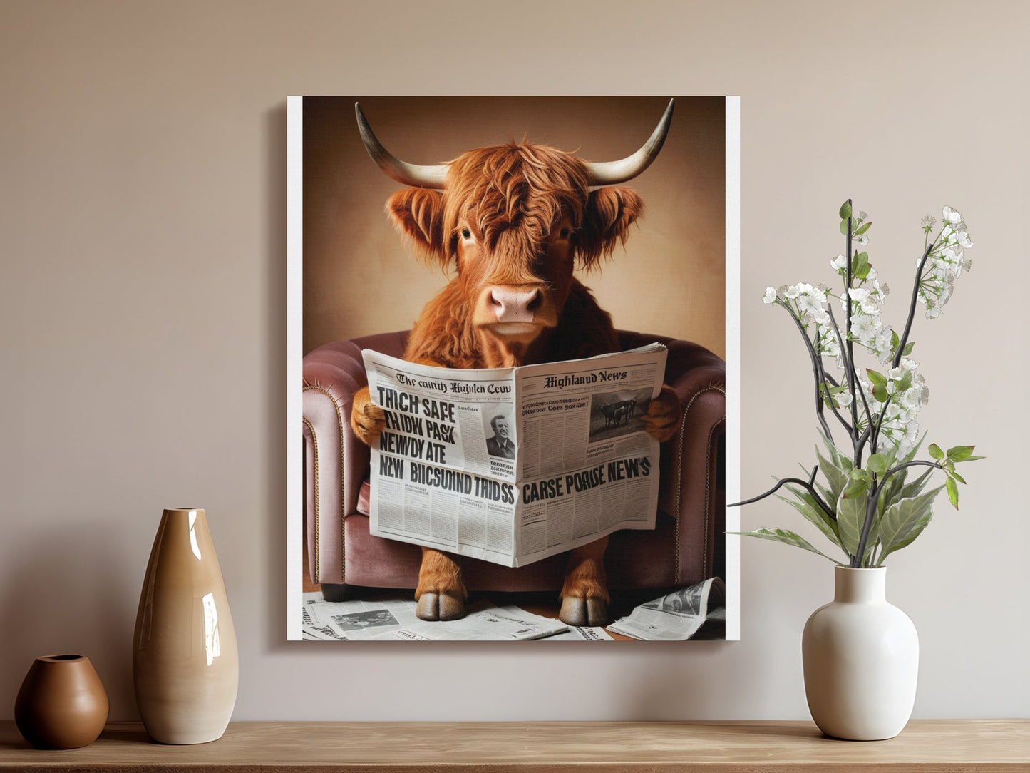 Highland Cow Reading Newspaper Wall Art Canvas, Quirky Animal Artwork