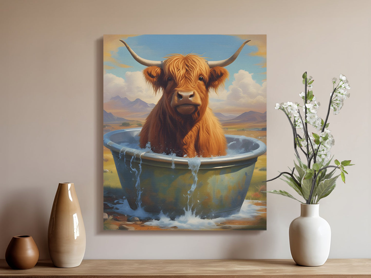 Highland Cow in Bathtub Wall Art Canvas, Cute Farm Animal Print