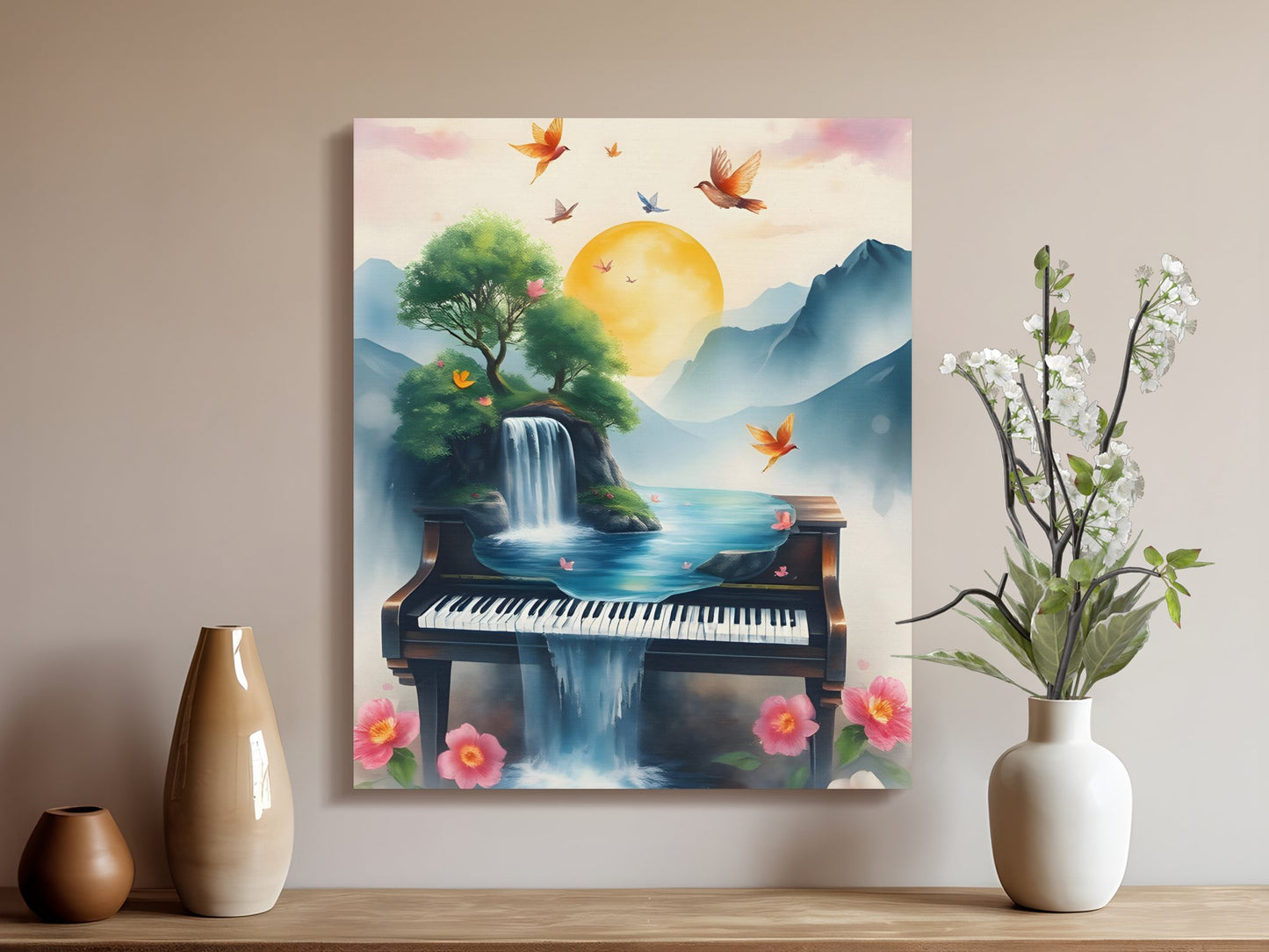 Surreal Piano Landscape Canvas Art with Waterfalls Birds and Flowers