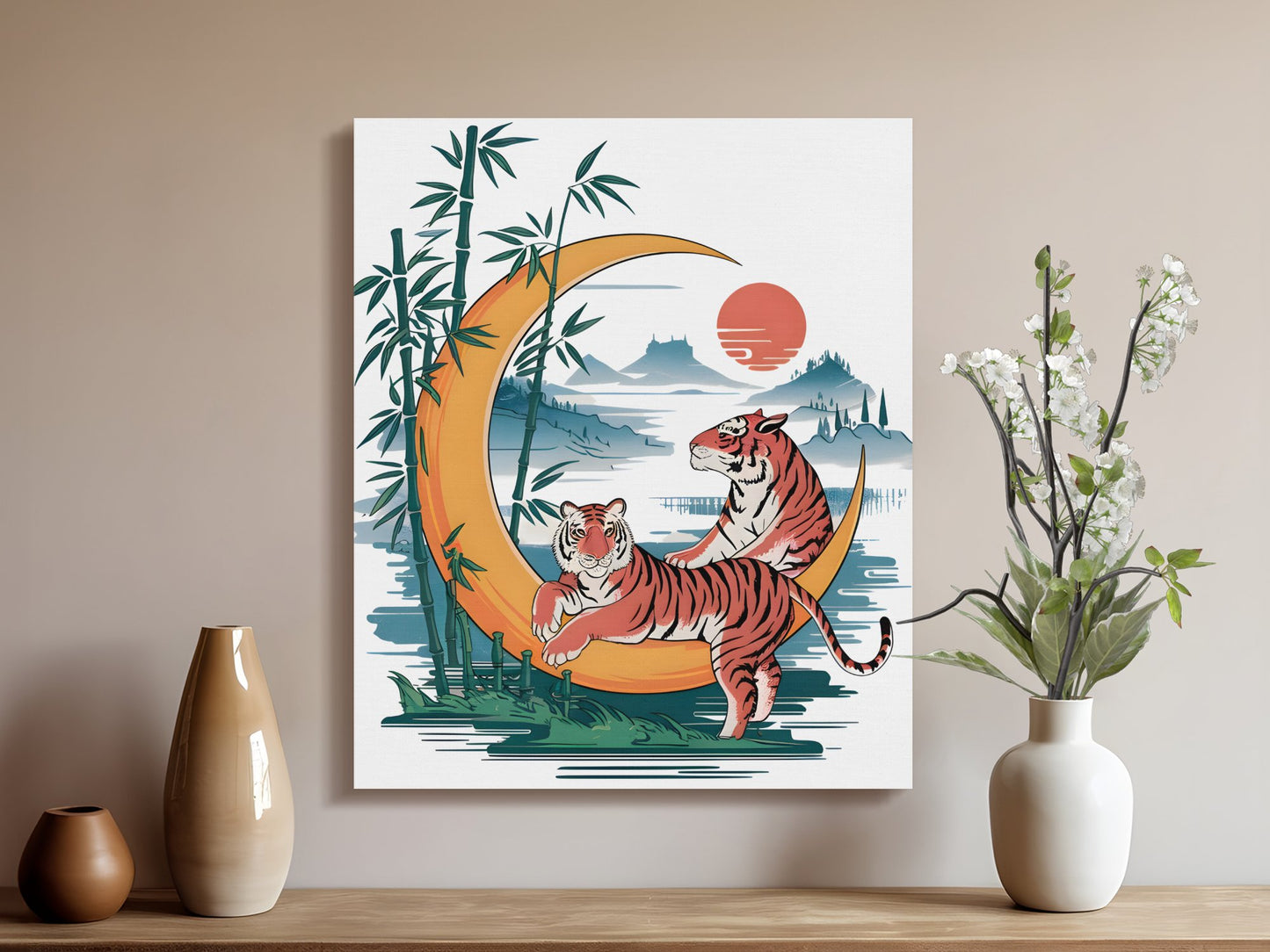 Tiger and Moon Wall Art Canvas, Bamboo Asian Landscape Print