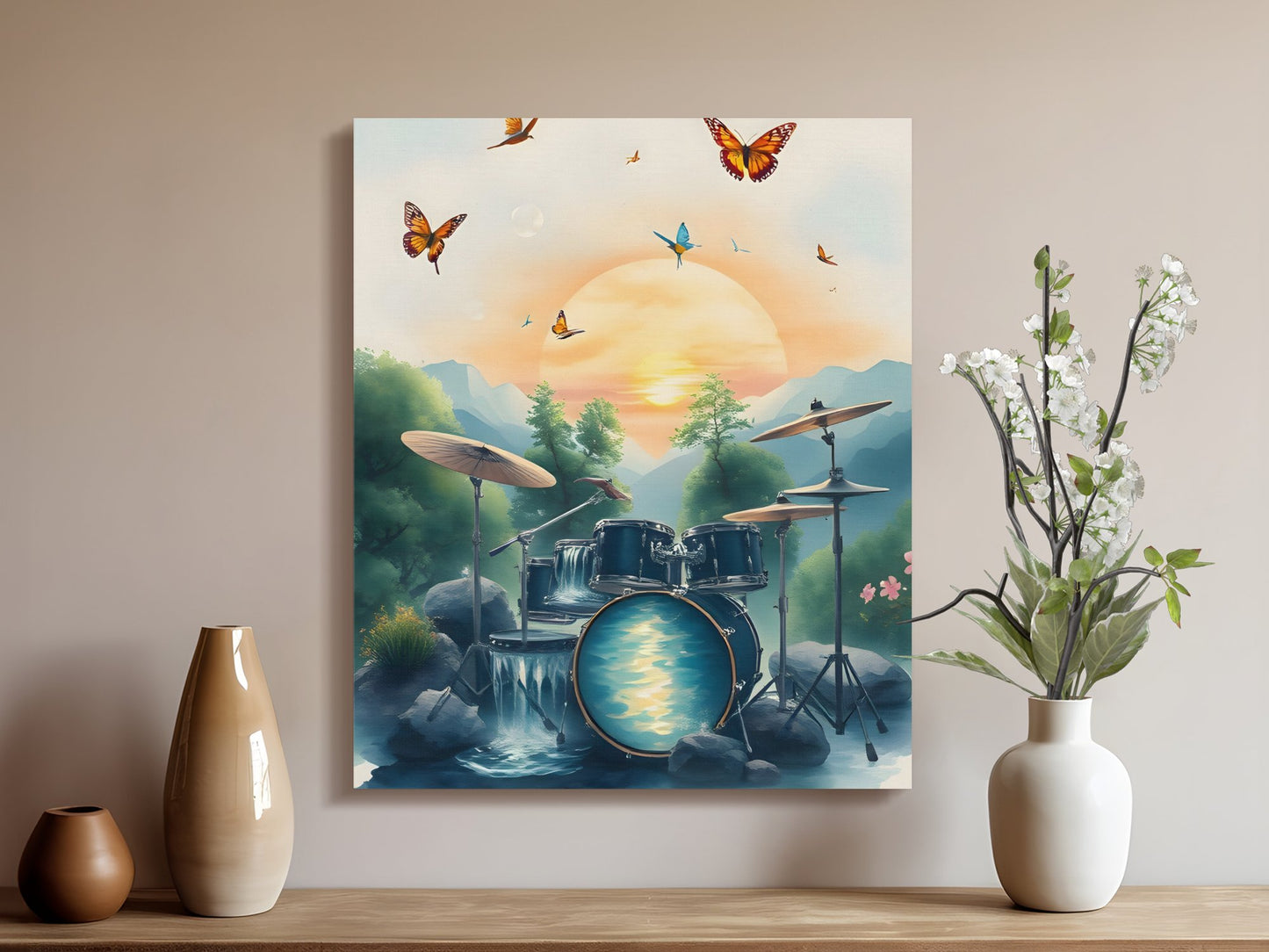 Drum Set Waterfall Painting, Butterfly Sunset Canvas, Nature Musical Art Print