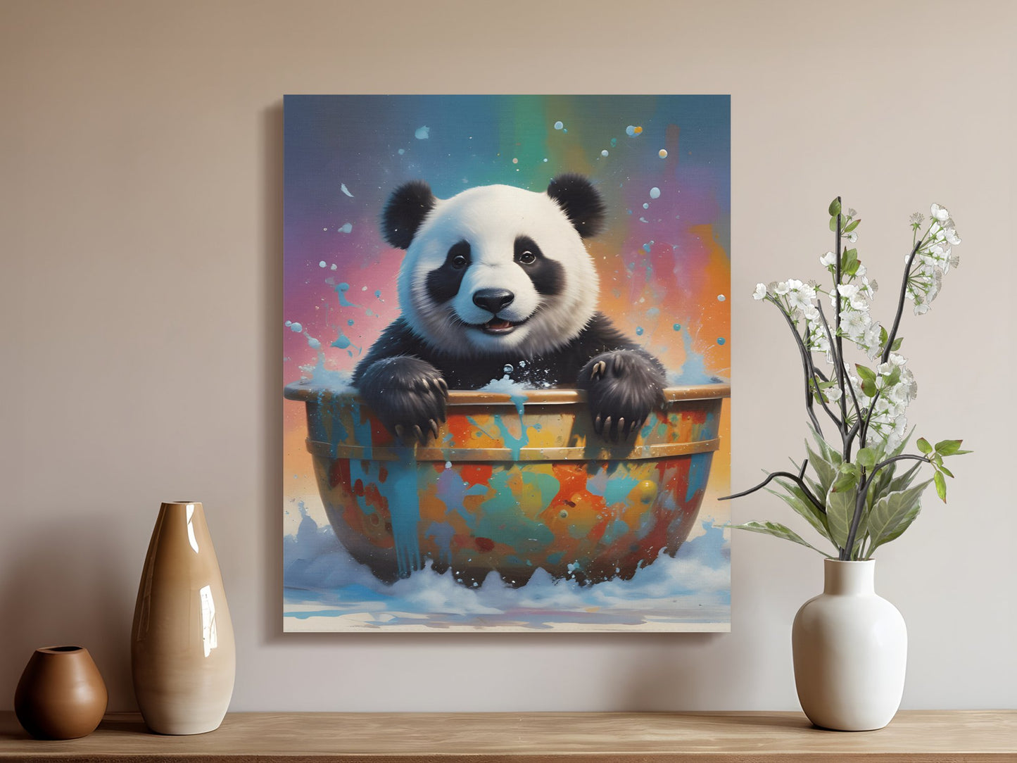 Panda in Bathtub Colourful Wall Art Canvas, Adorable Animal Décor