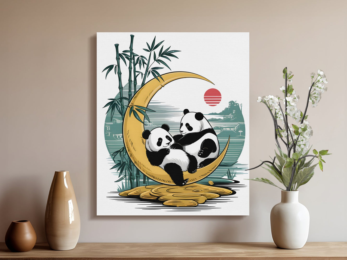 Cute Panda Wall Art Print Canvas, Japanese Style Home Décor