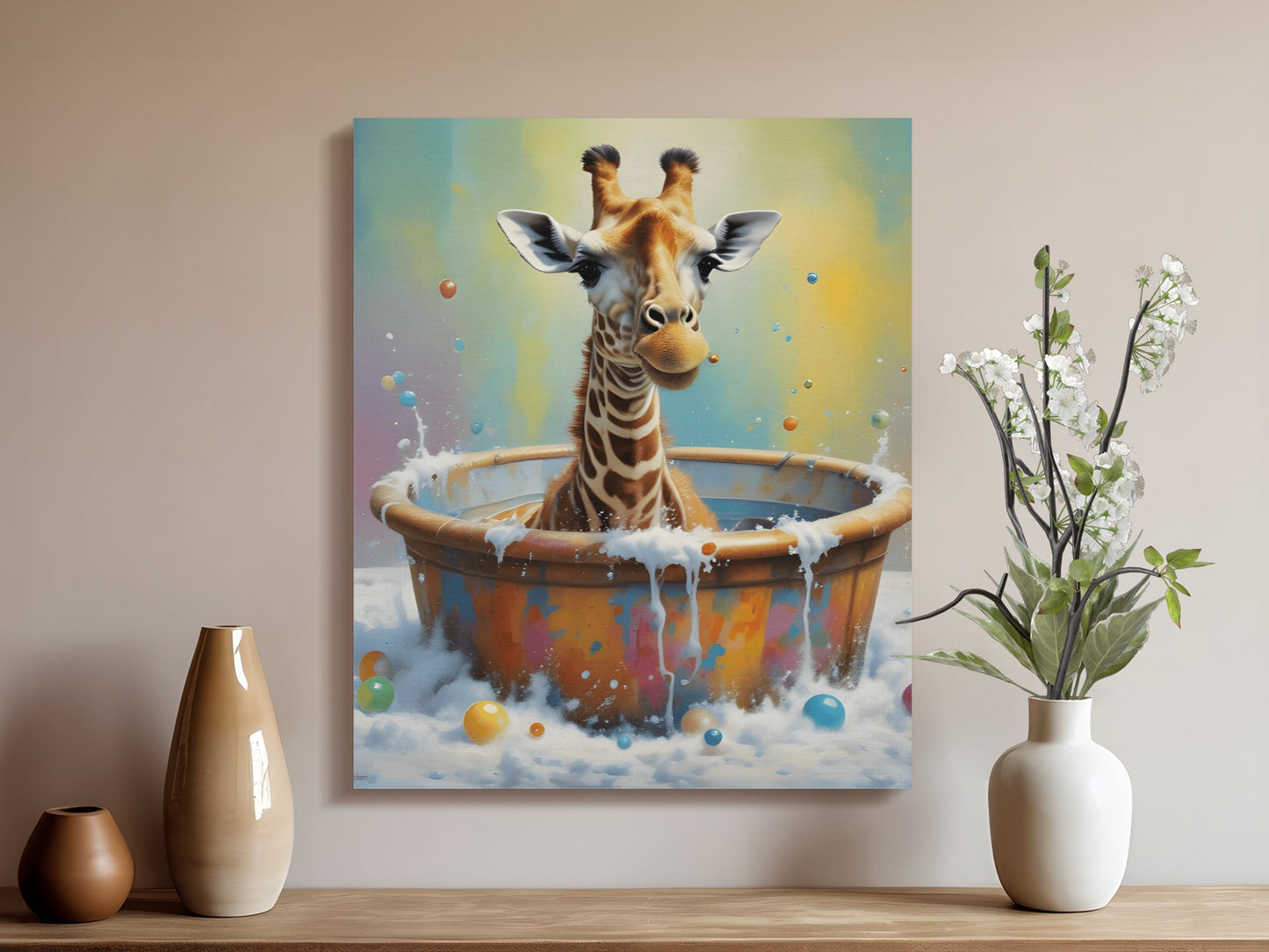 Whimsical Giraffe in Bathtub Wall Art Canvas, Bright and Fun Animal Print