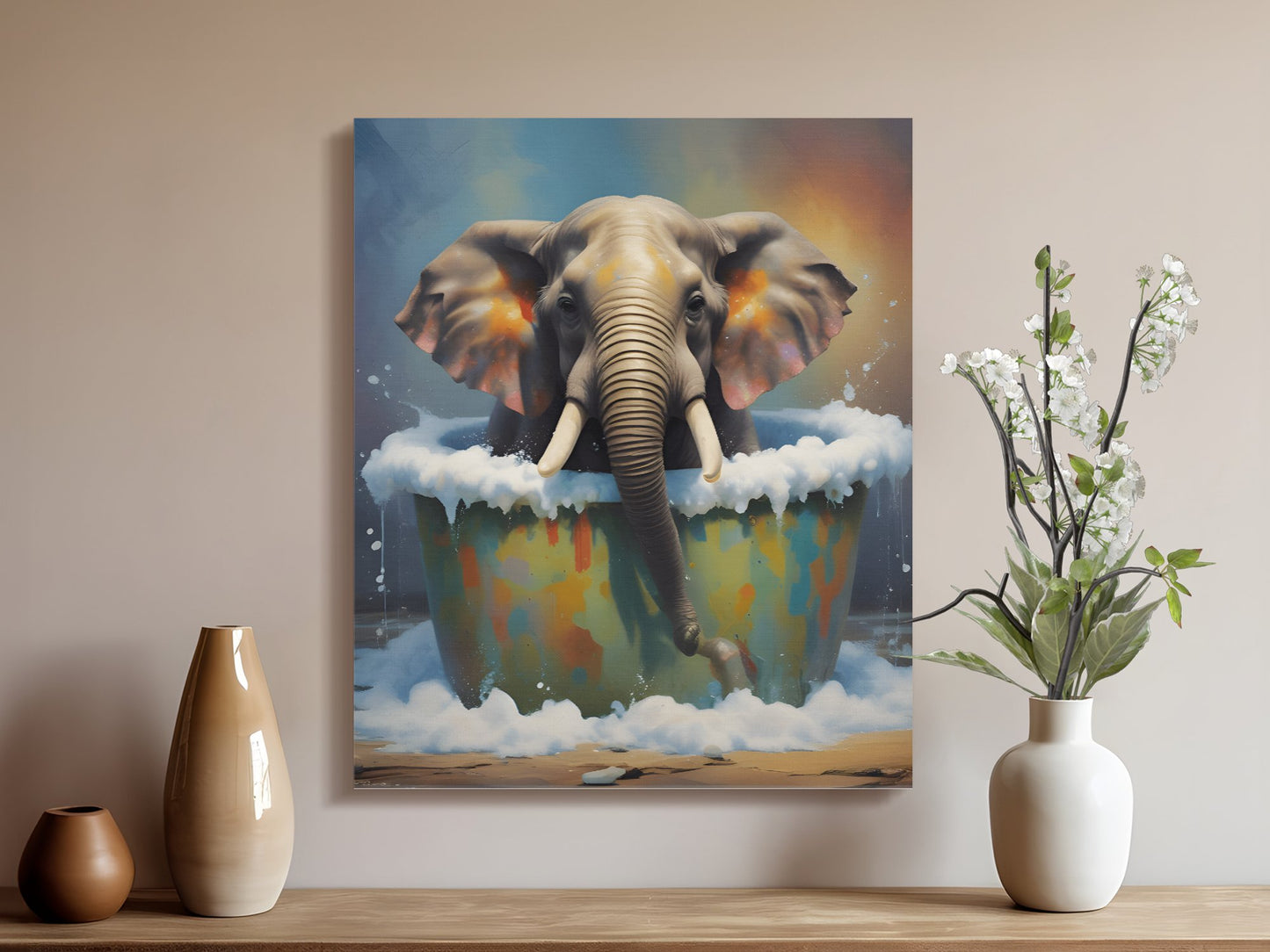 Elephant in Bathtub Wall Art, Colourful Animal Artwork Canvas