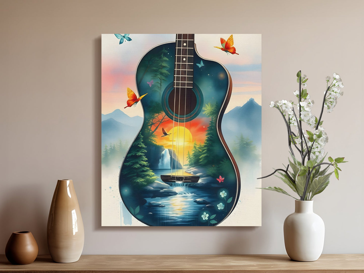 Sunset forest landscape guitar art, acoustic guitar wall art canvas