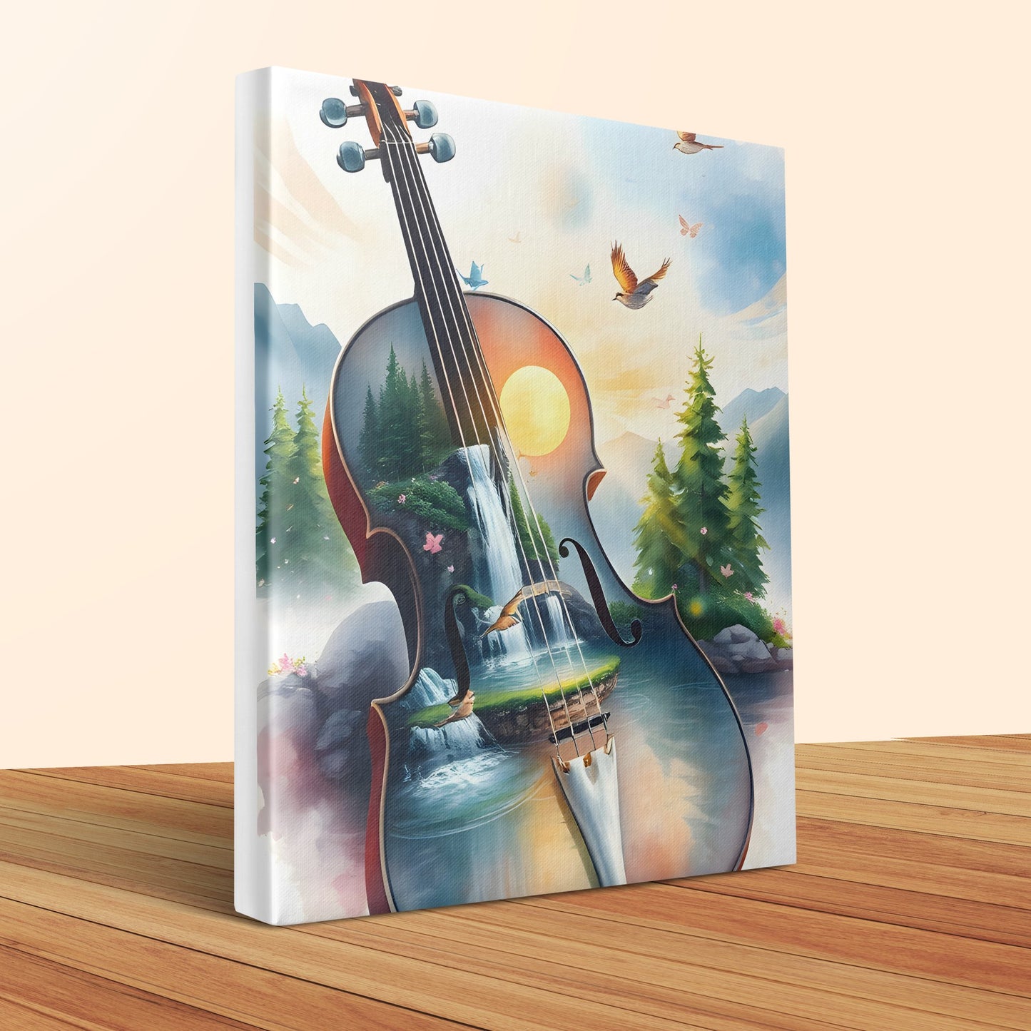 Violin Waterfall Canvas Art, Nature Musical Instrument Wall Decor