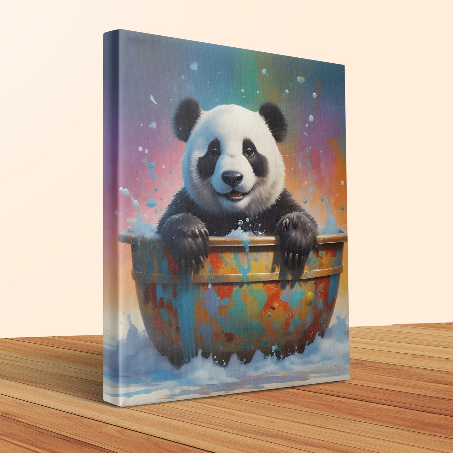 Panda in Bathtub Colourful Wall Art Canvas, Adorable Animal Décor