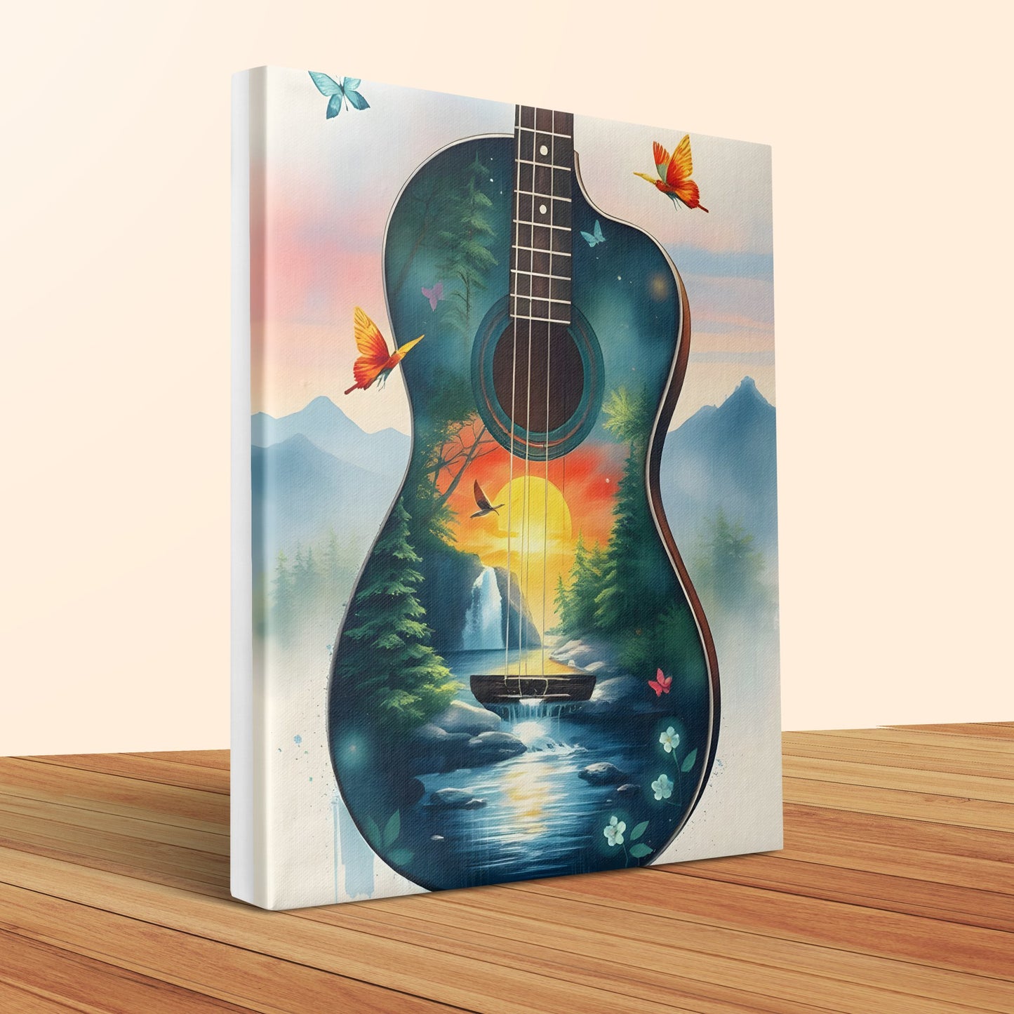 Sunset forest landscape guitar art, acoustic guitar wall art canvas