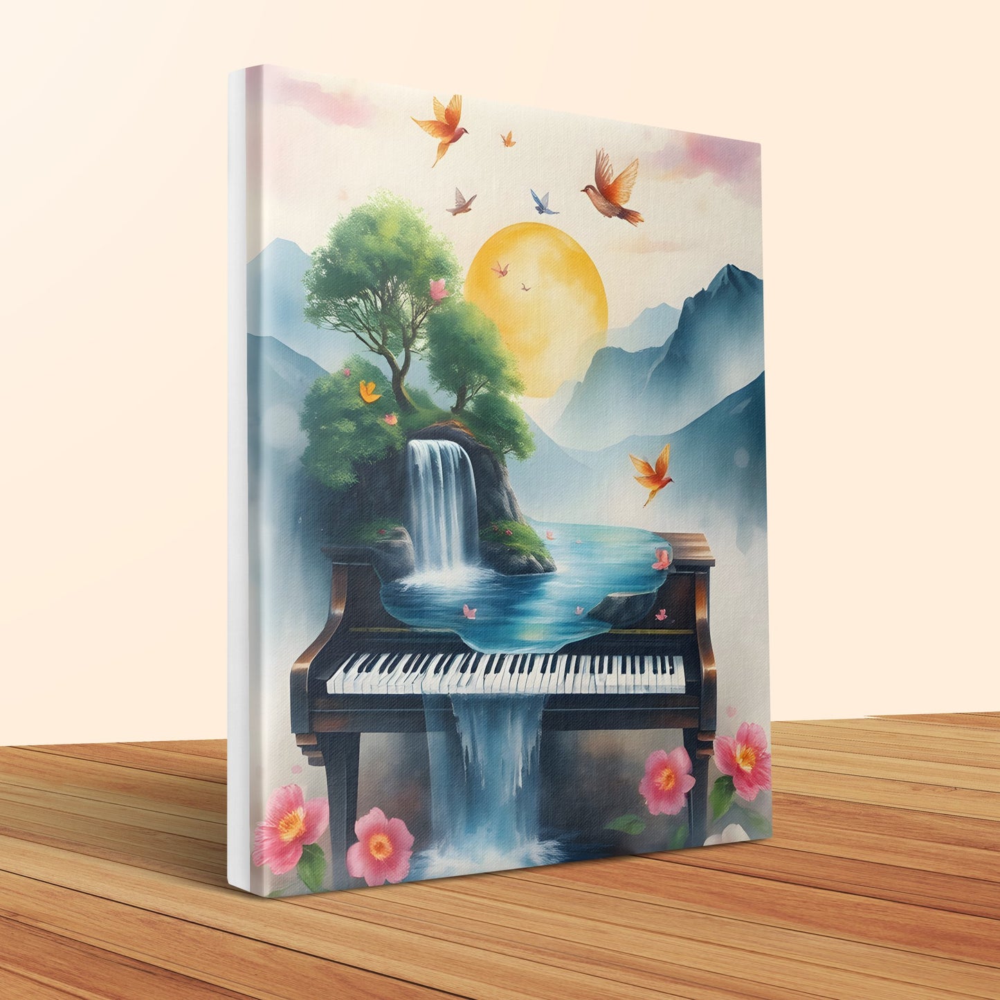 Surreal Piano Landscape Canvas Art with Waterfalls Birds and Flowers