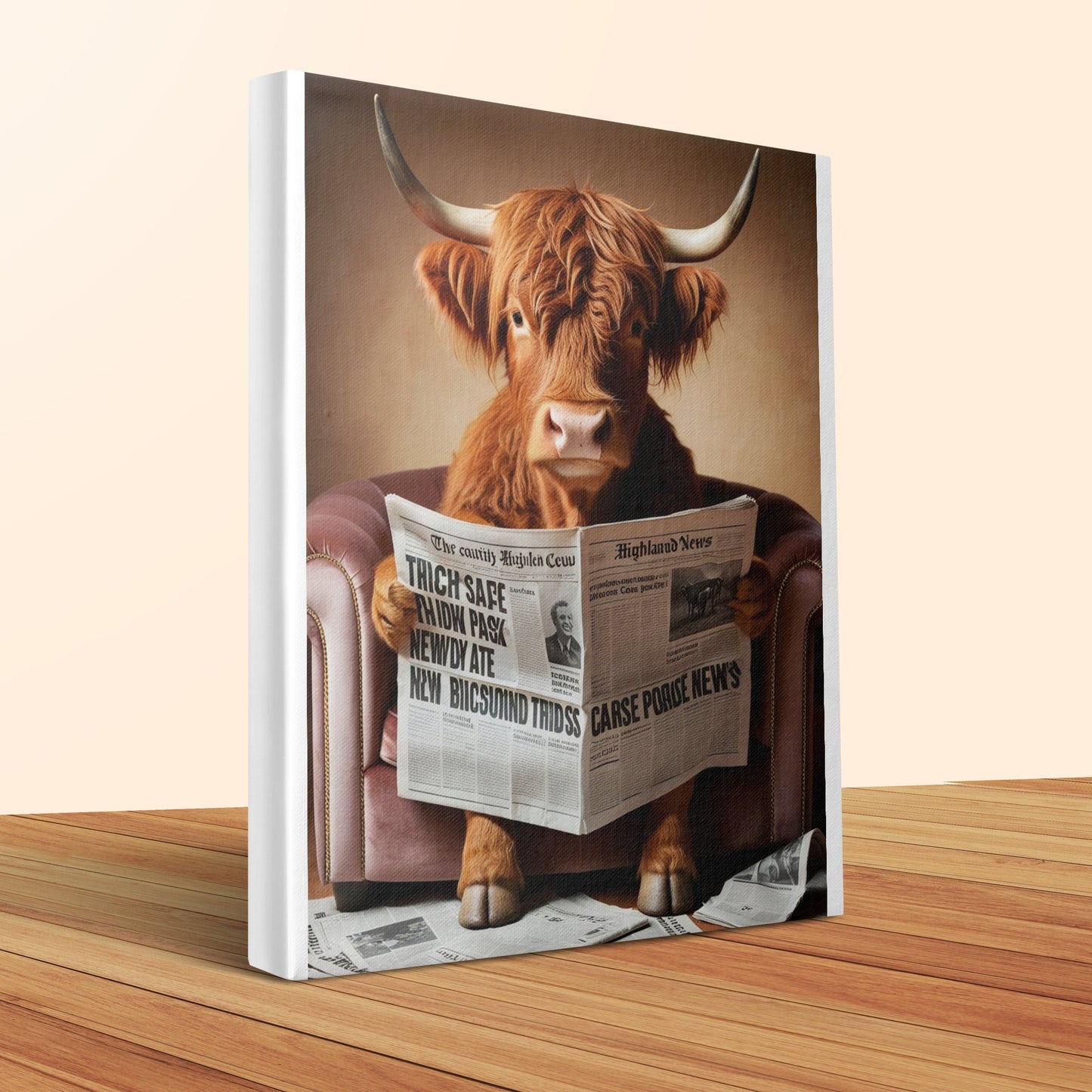 Highland Cow Reading Newspaper Wall Art Canvas, Quirky Animal Artwork