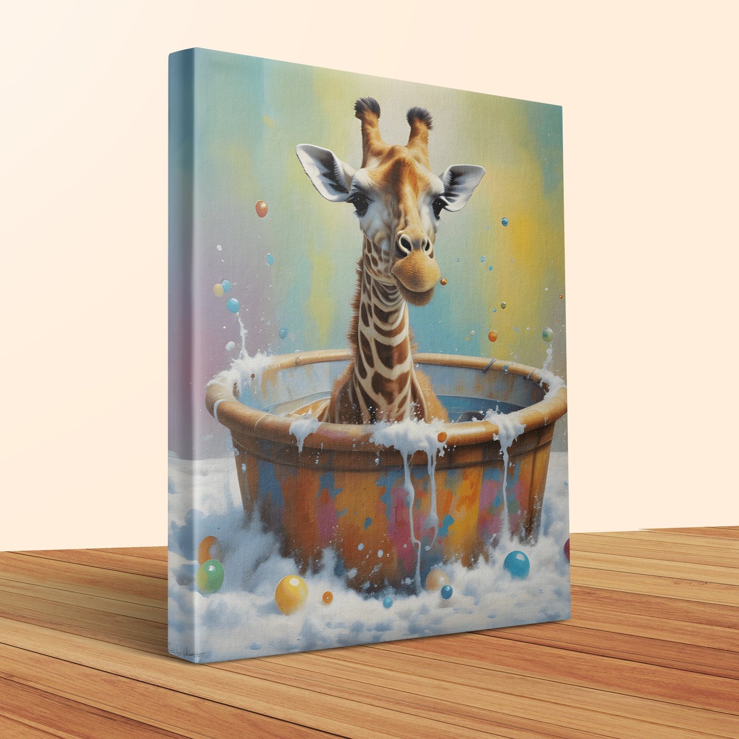 Whimsical Giraffe in Bathtub Wall Art Canvas, Bright and Fun Animal Print